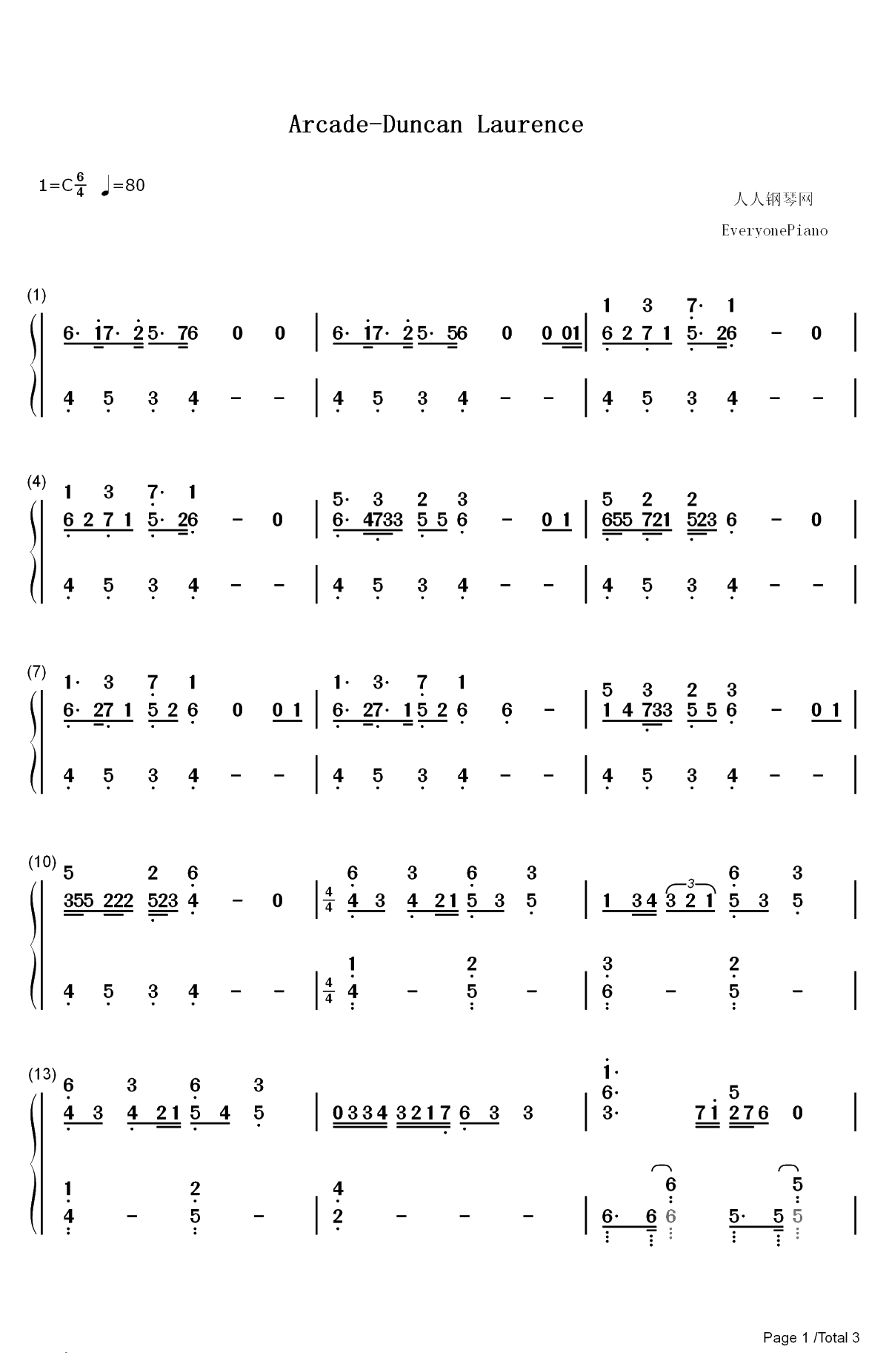 Arcade-2019年欧洲歌唱大赛双手简谱预览1