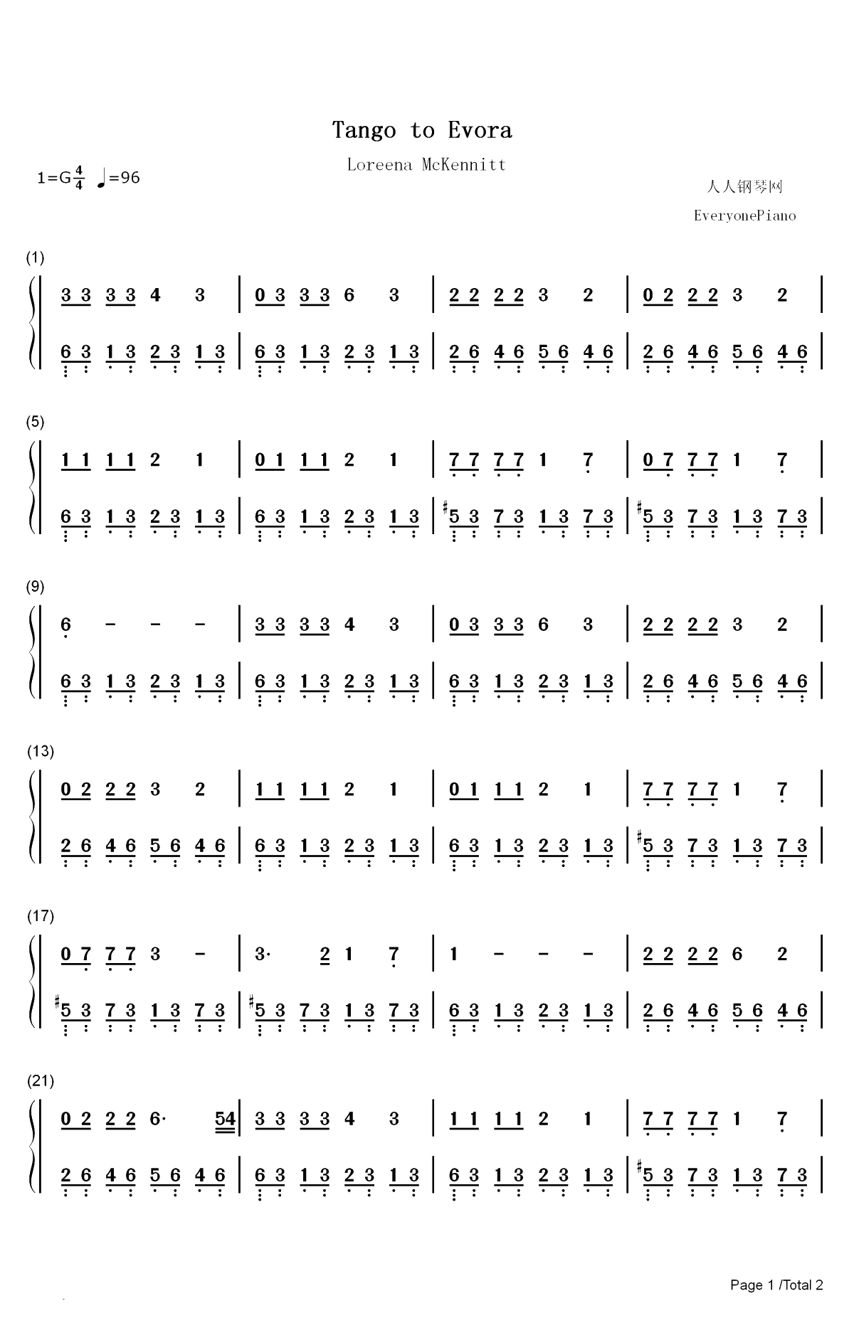 Tango to Evora-Loreena McKennitt双手简谱预览1