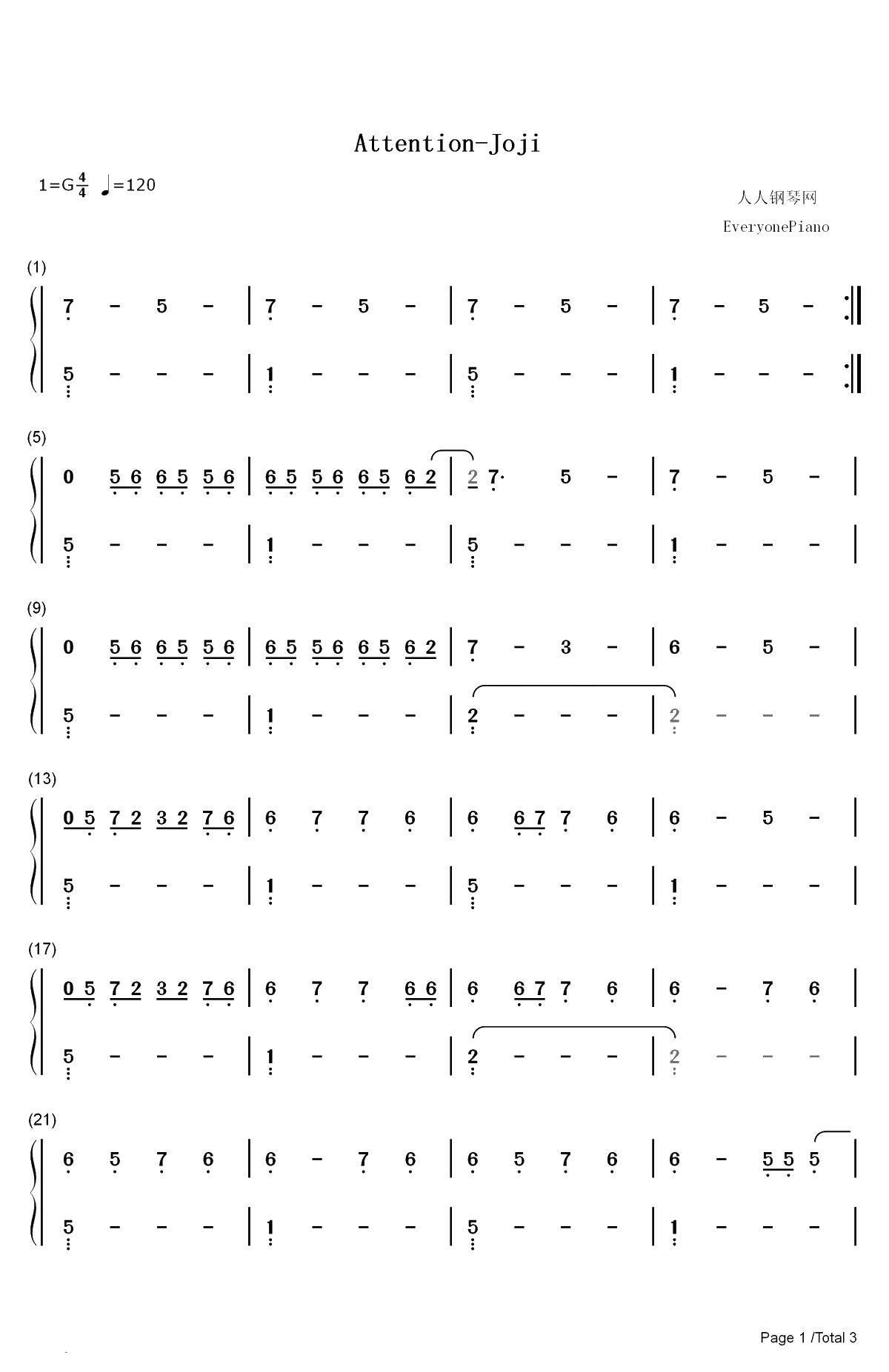 Attention-Joji双手简谱预览1