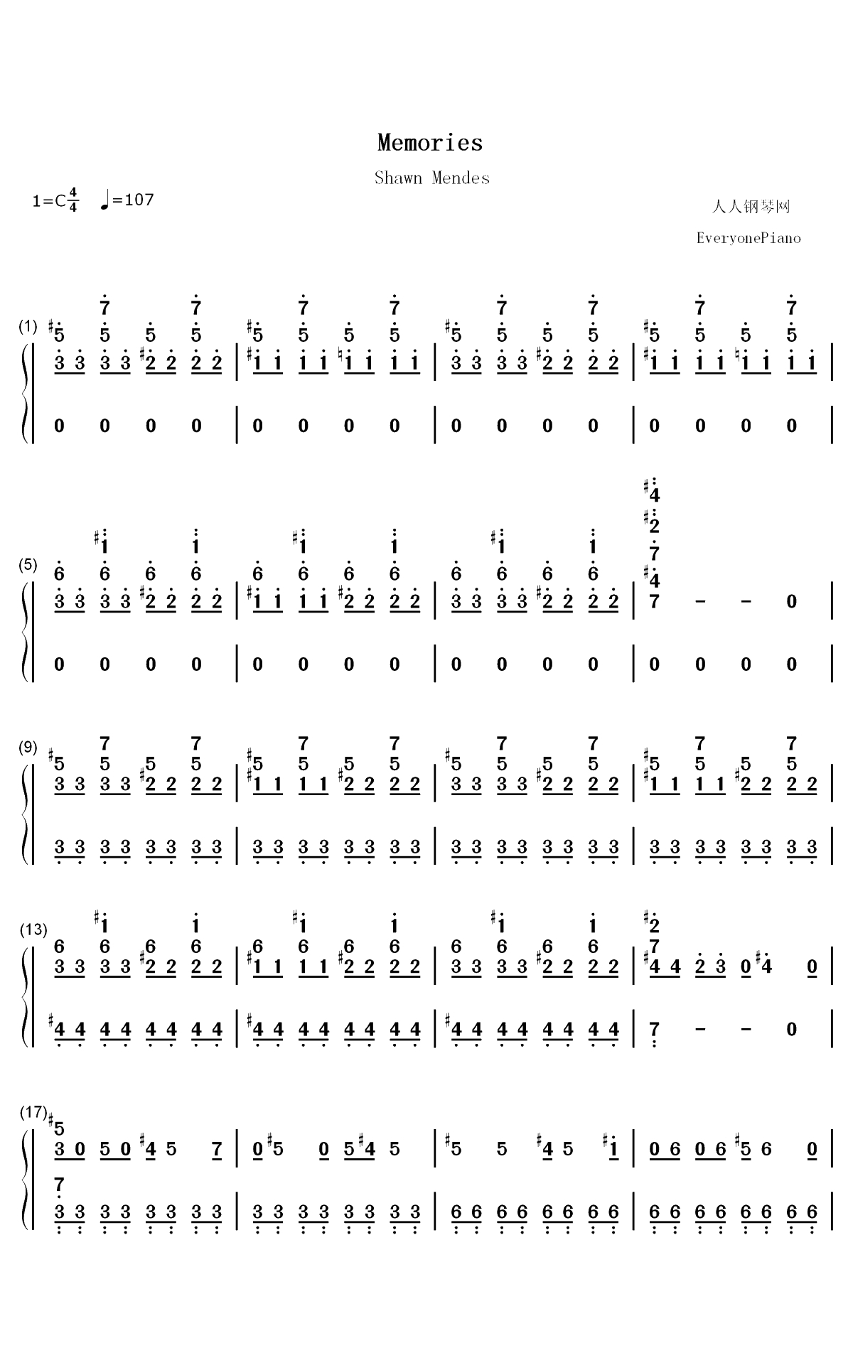 Memories-Shawn Mendes双手简谱预览1