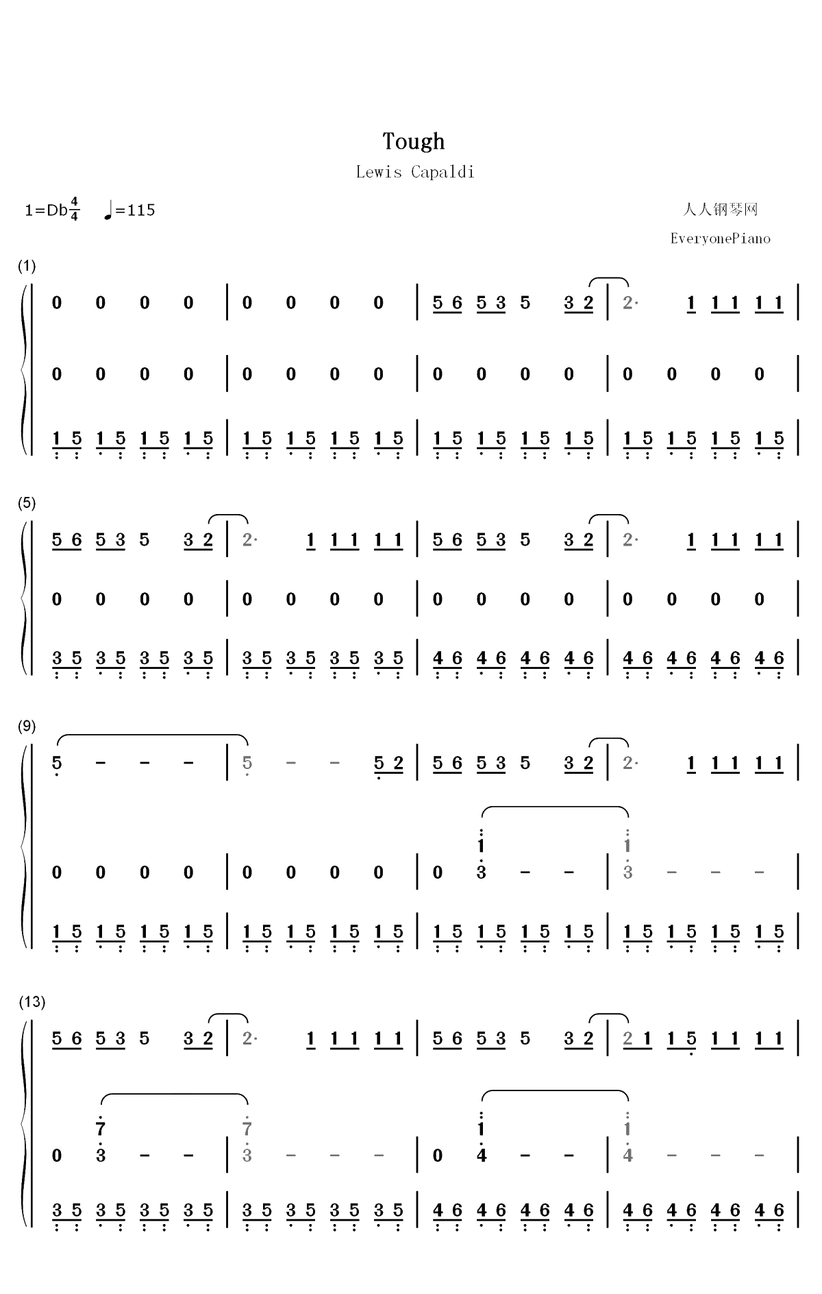 Tough-Lewis Capaldi双手简谱预览1