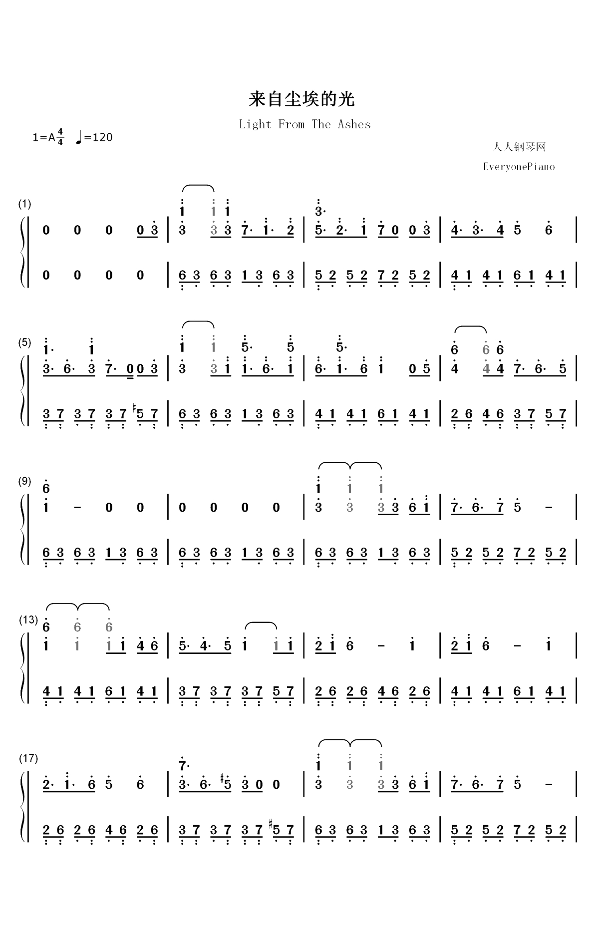 来自尘埃的光-全职高手片头曲双手简谱预览1