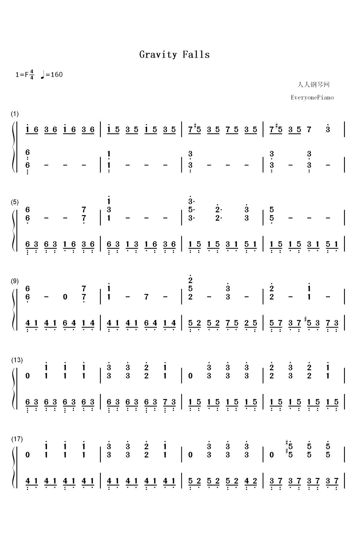 怪诞小镇主题曲-Gravity Falls双手简谱预览1