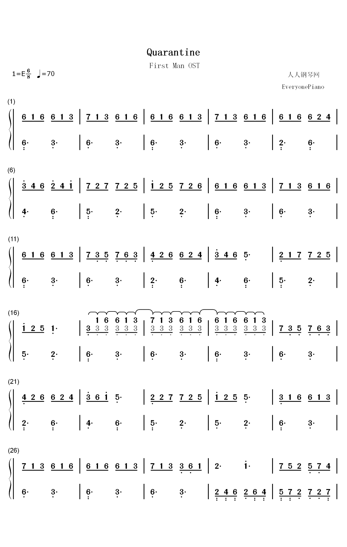 Quarantine-登月第一人OST双手简谱预览1