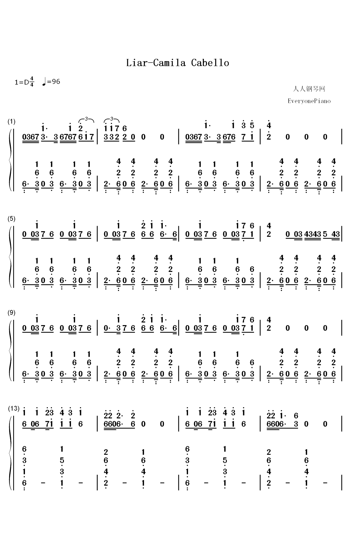 Liar-Camila Cabello双手简谱预览1