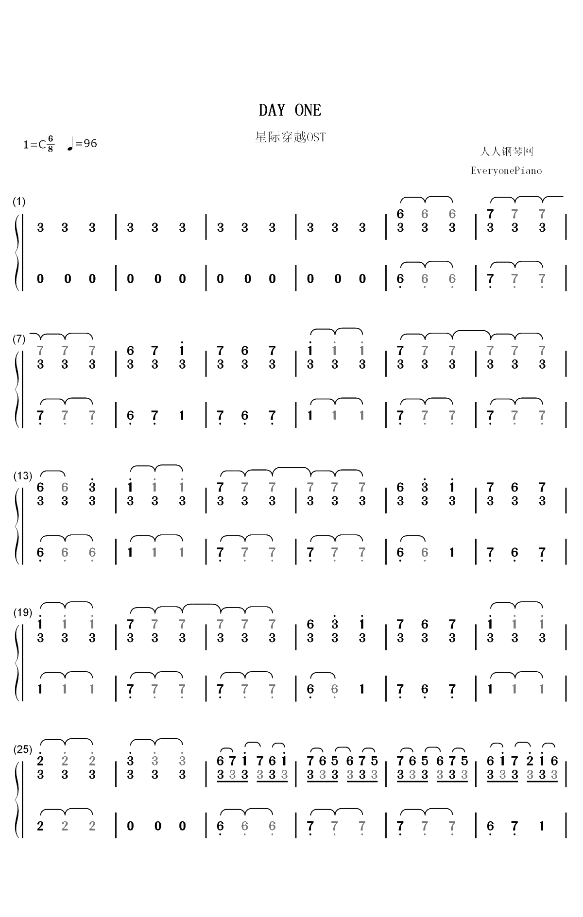 Day One-星际穿越OST双手简谱预览1