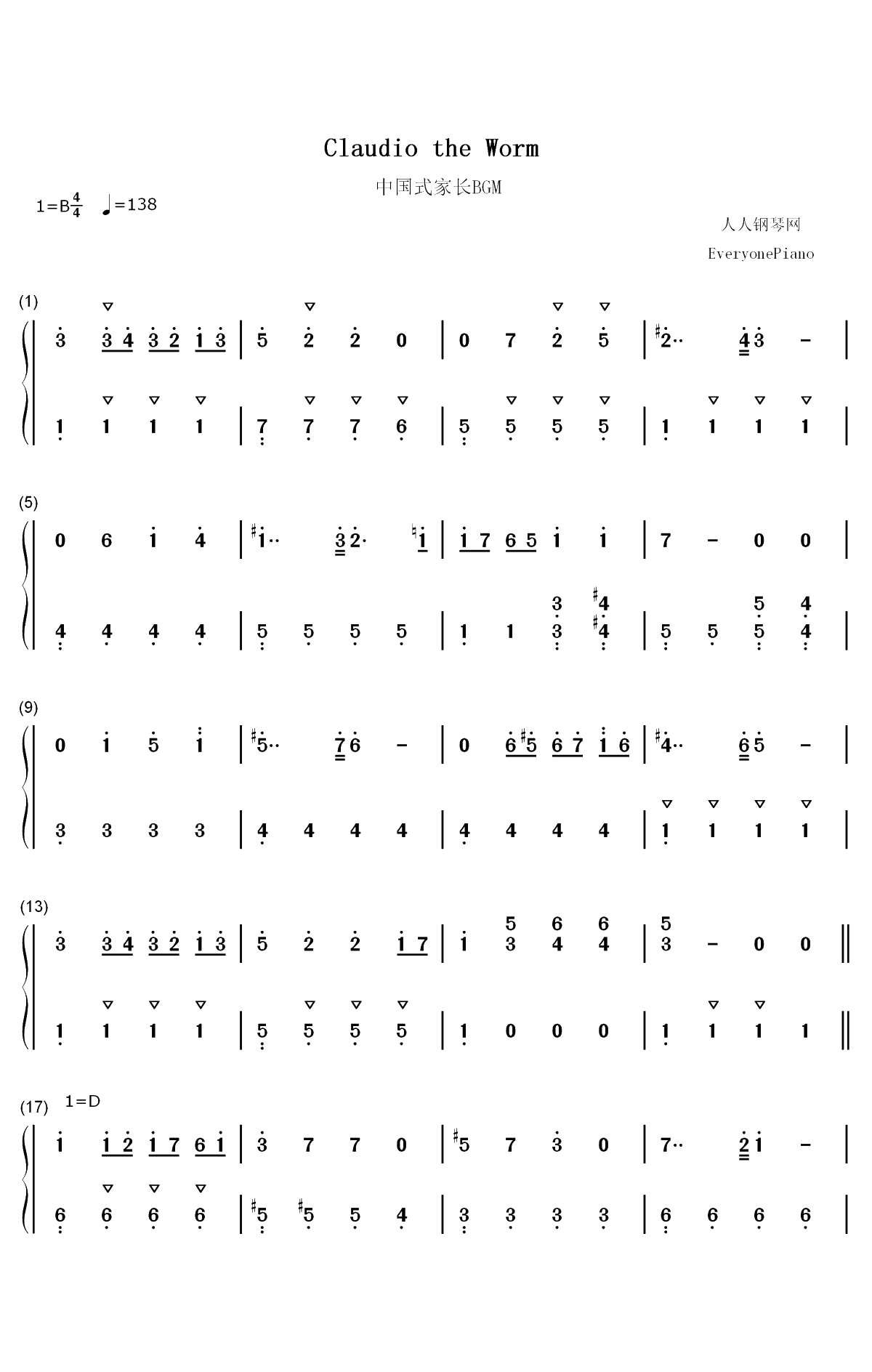 Claudio the Worm-中国式家长BGM双手简谱预览1