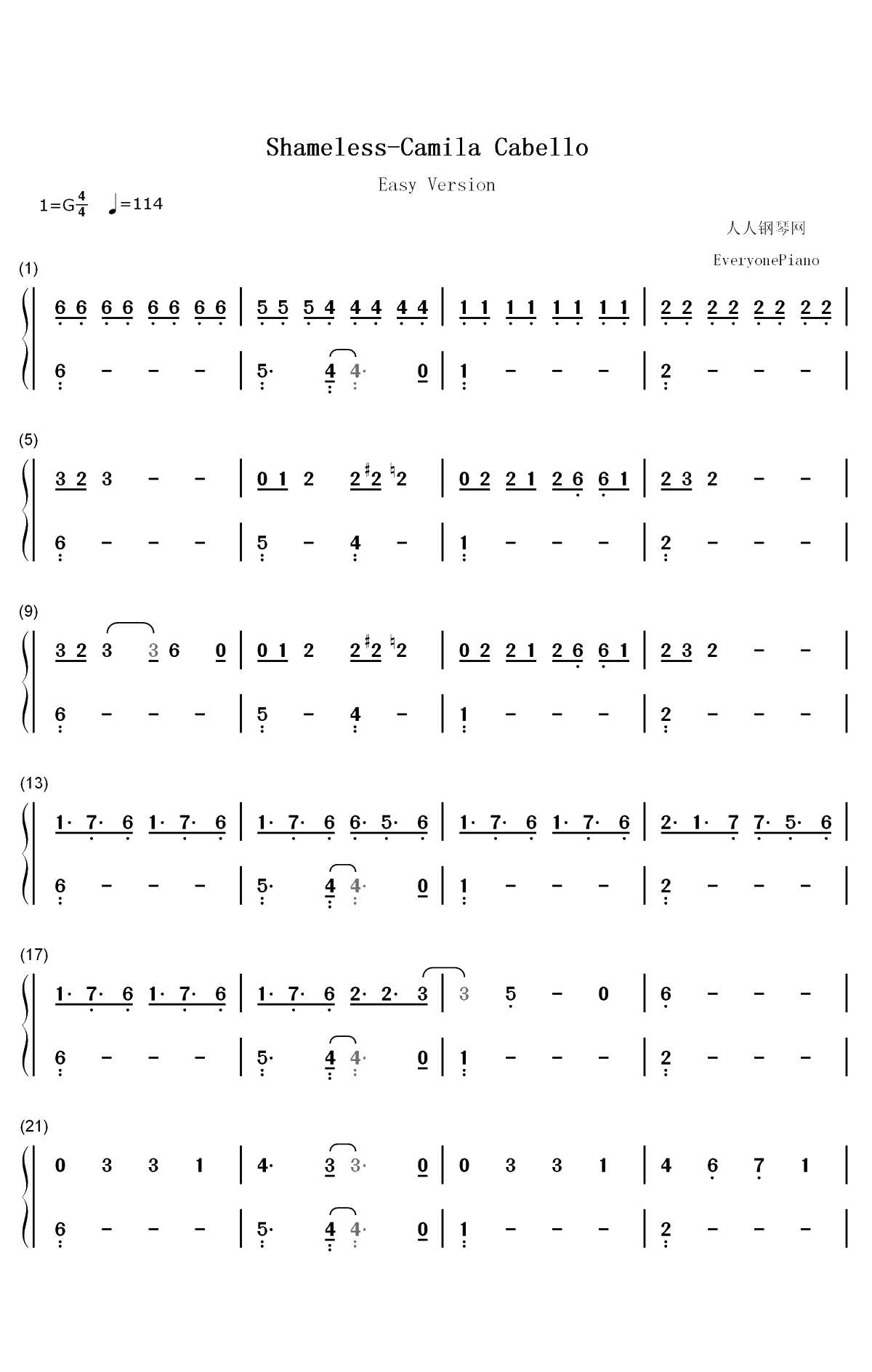 Shameless-简单版-Camila Cabello双手简谱预览1