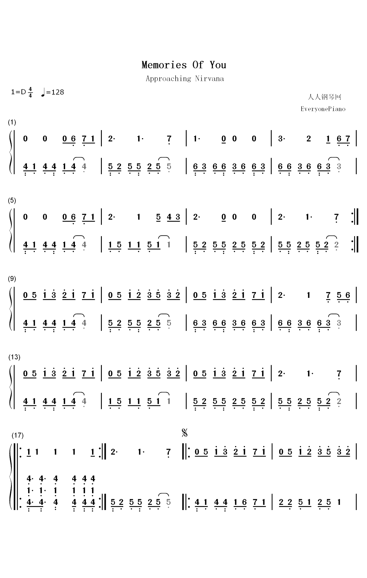 Memories Of You-Approaching Nirvana双手简谱预览1