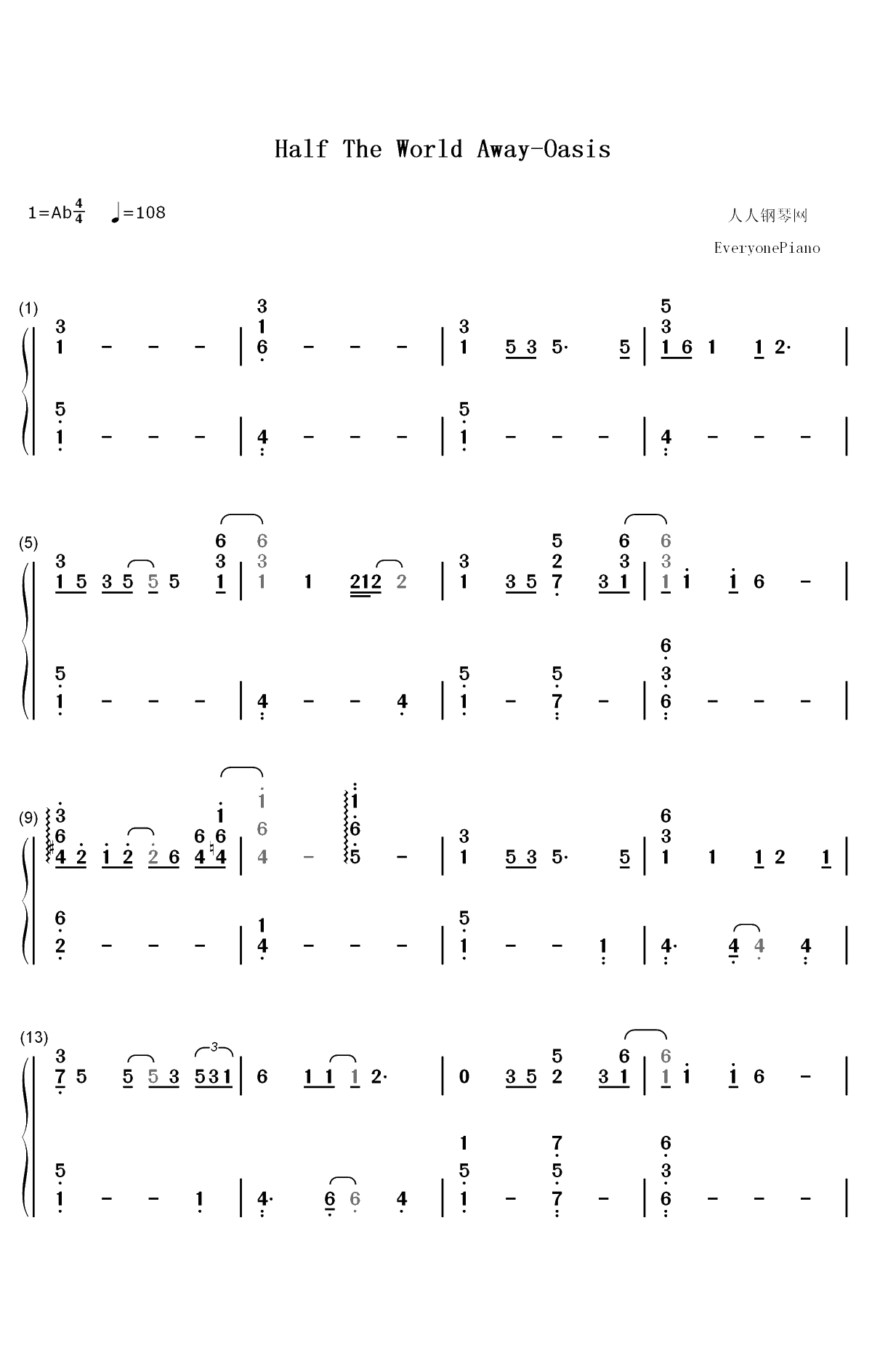 Half The World Away-Oasis双手简谱预览1