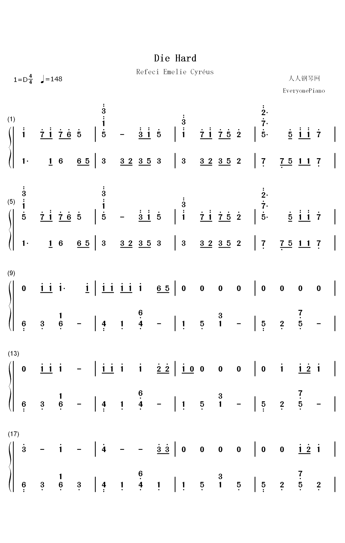 Die Hard-Refeci和Emelie Cyréus双手简谱预览1