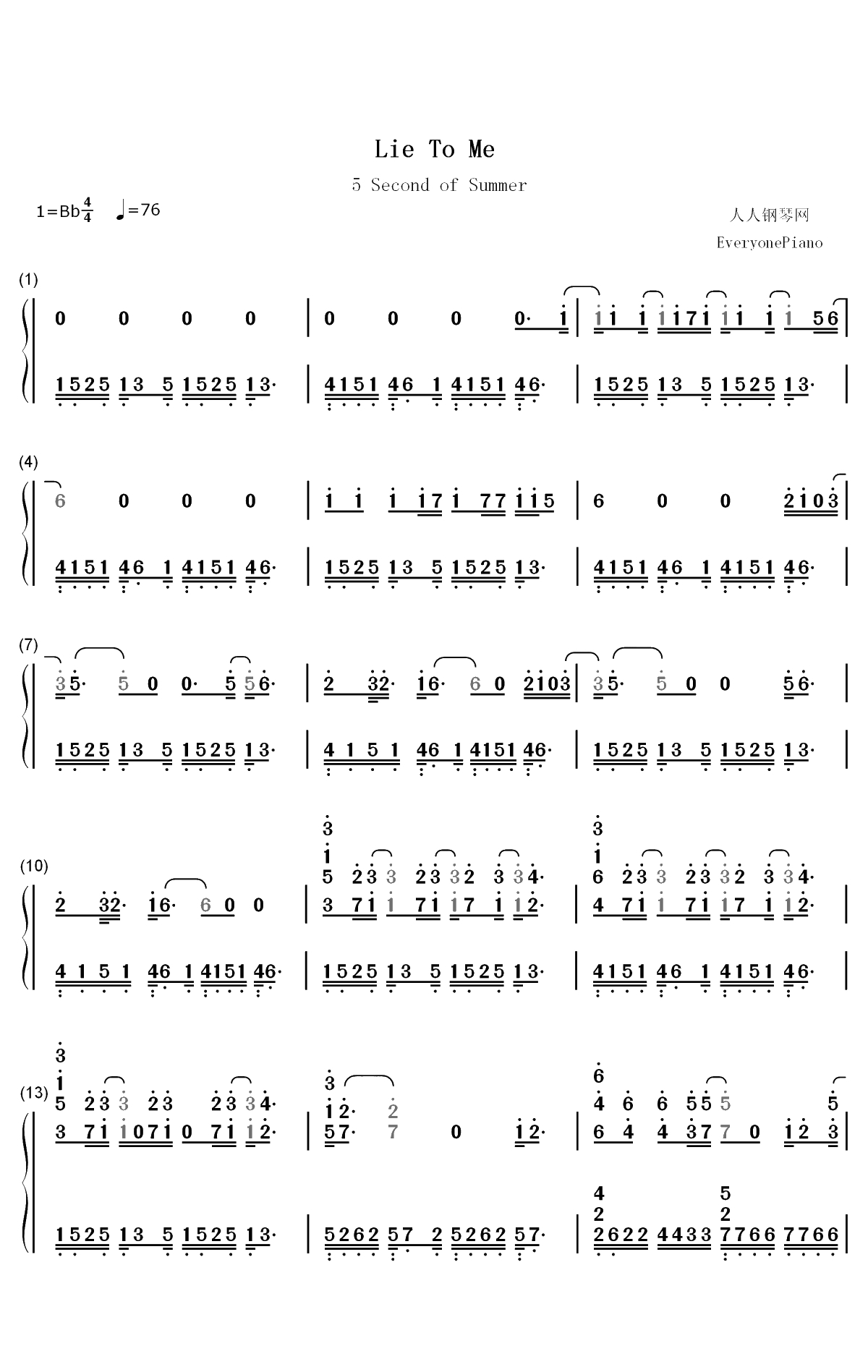 Lie to Me-5 Seconds of Summer双手简谱预览1