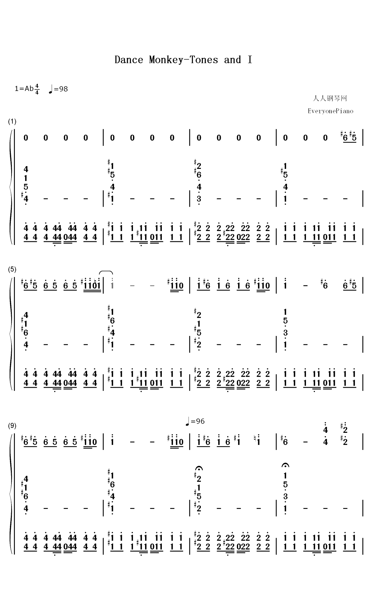 Dance Monkey-Tones and I双手简谱预览1