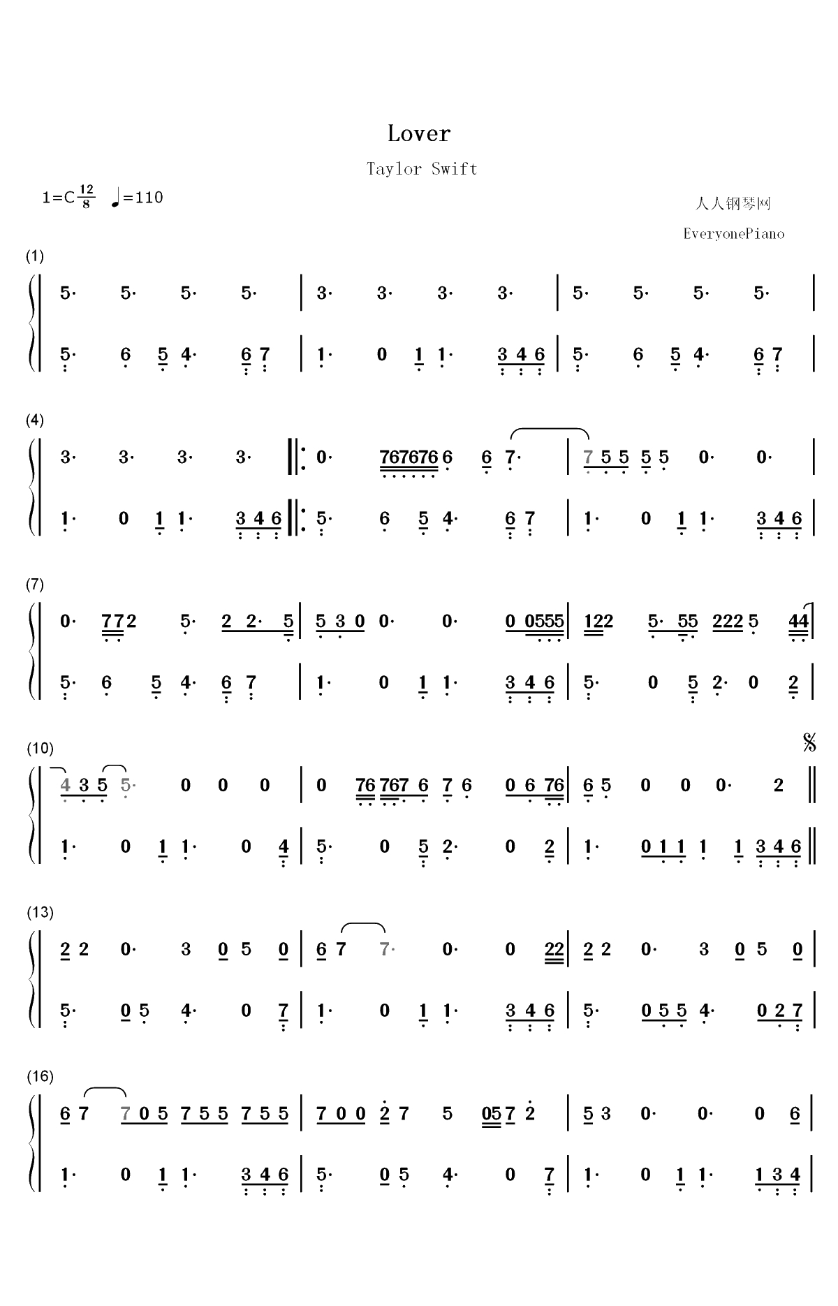 Lover-Taylor Swift双手简谱预览1