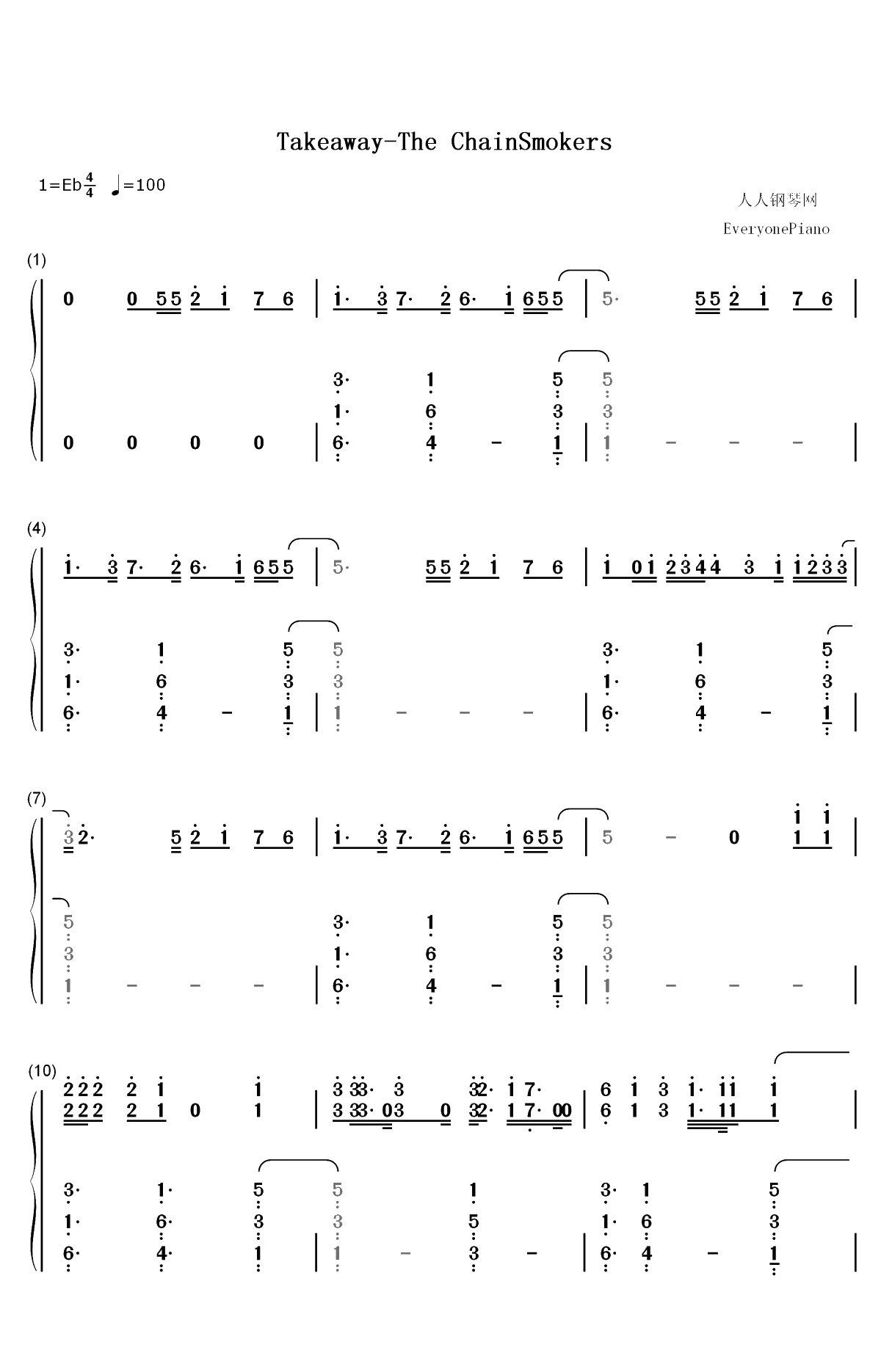 Takeaway双手简谱预览1