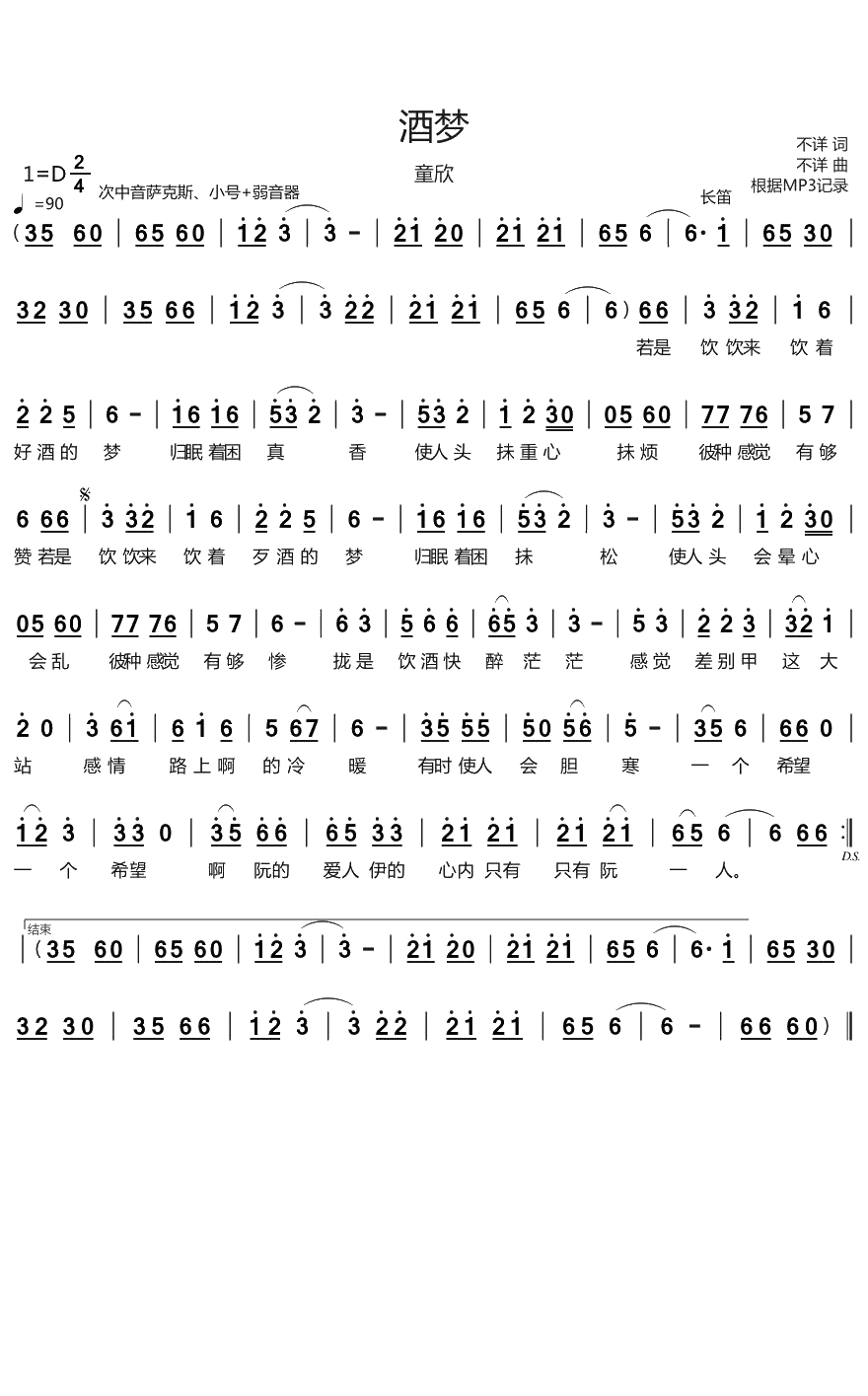 酒梦简谱(歌词)-童欣演唱-烨曲谱1