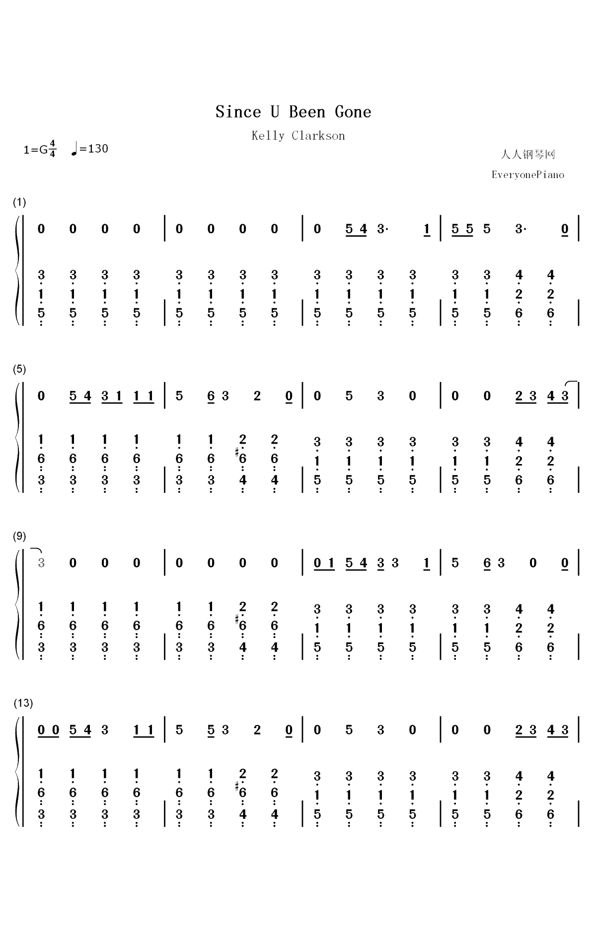 Since U Been Gone-Kelly Clarkson双手简谱预览1