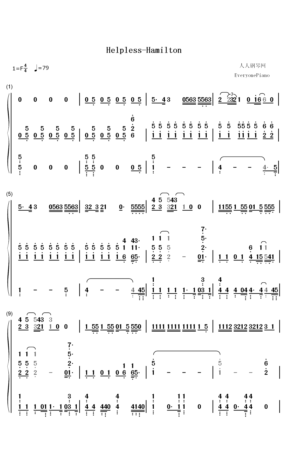 Helpless-汉密尔顿音乐剧插曲双手简谱预览1