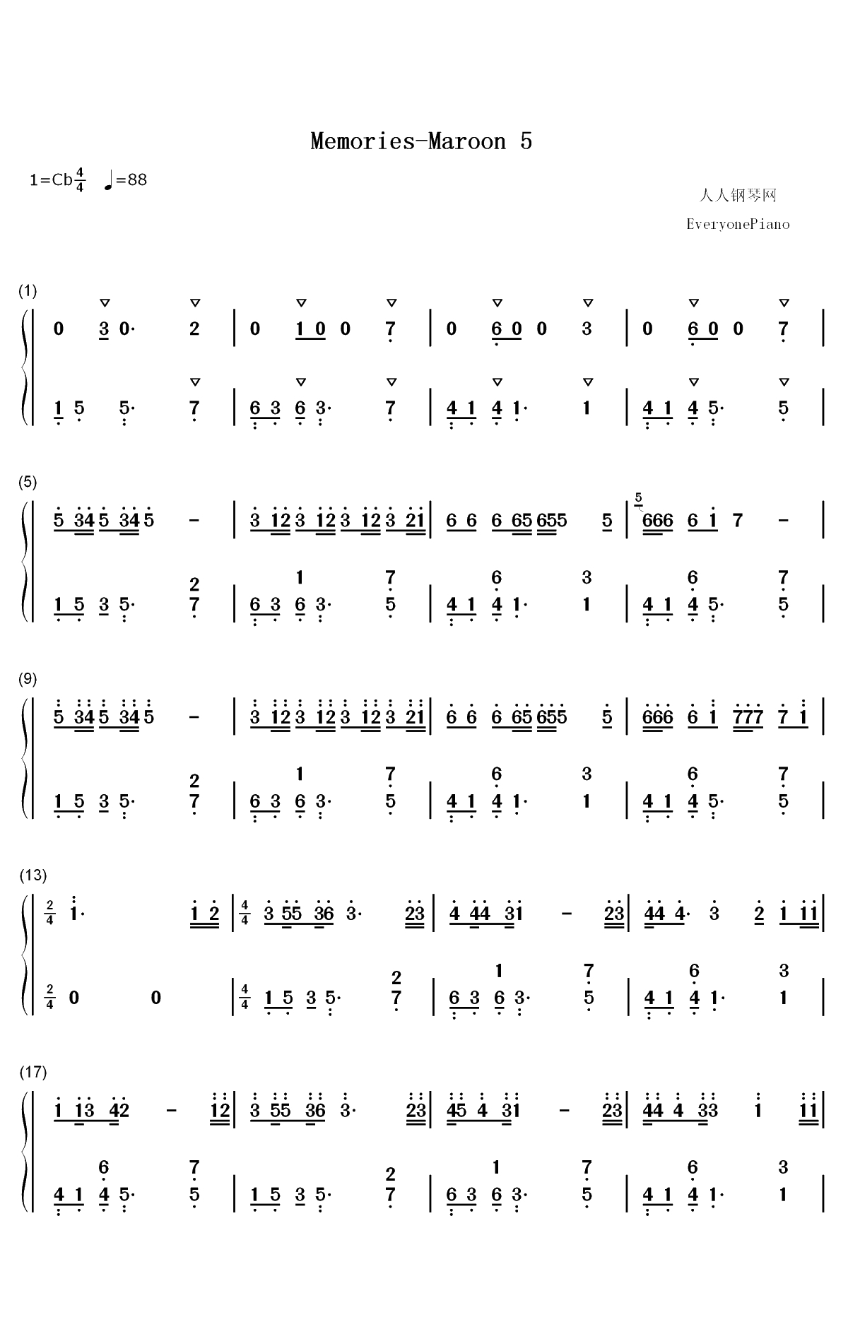 Memories-Maroon 5双手简谱预览1