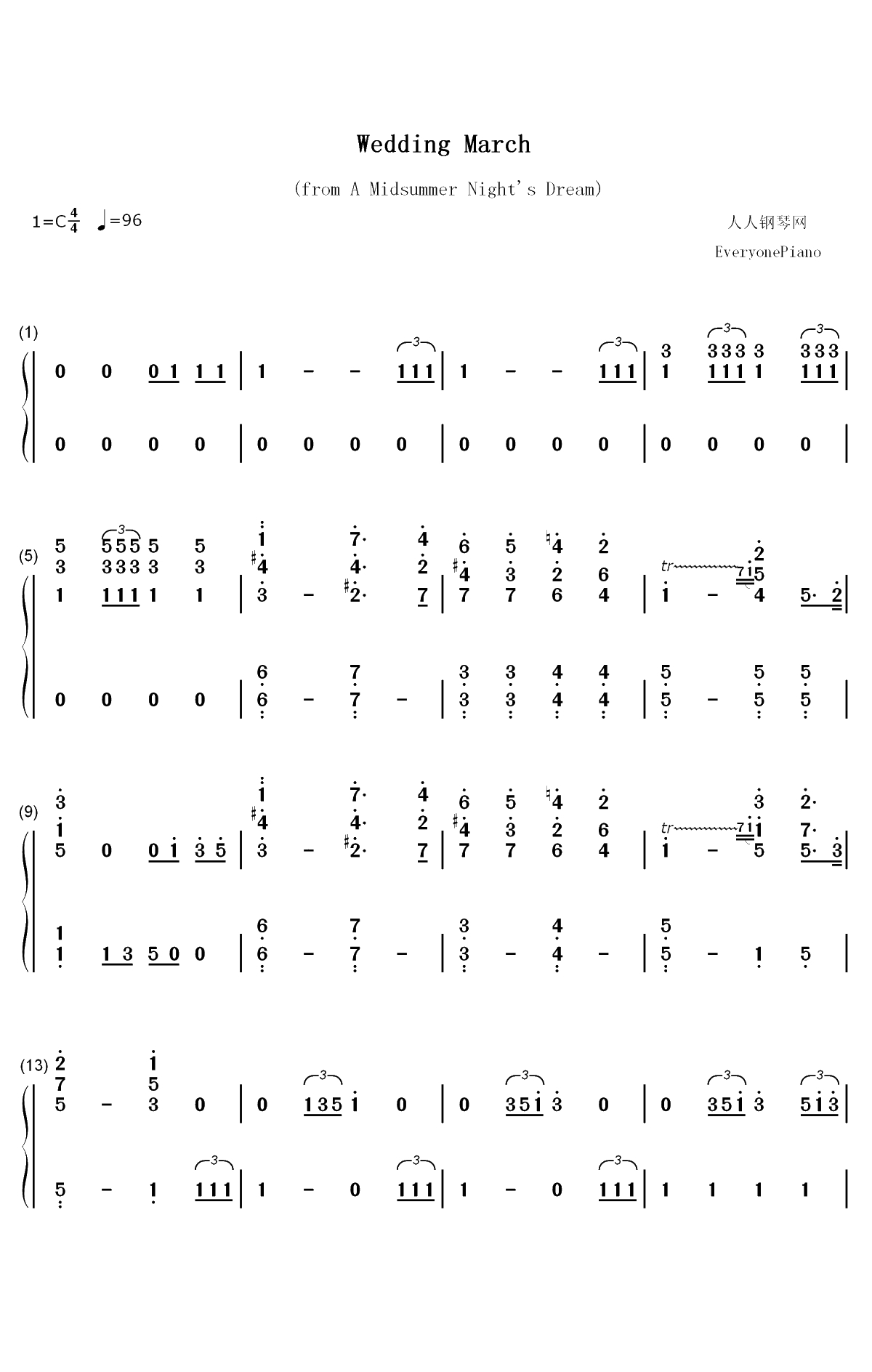 Wedding March-婚礼进行曲-仲夏夜之梦第五幕前奏曲双手简谱预览1