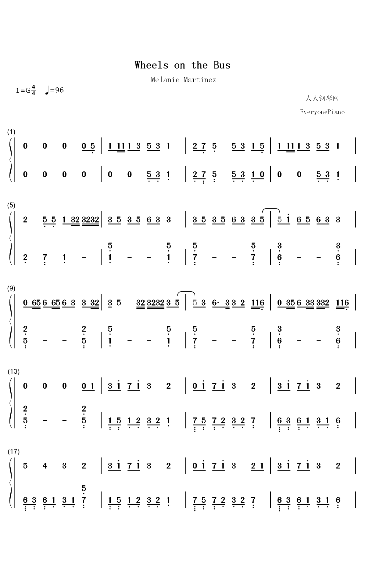 Wheels on the Bus-Melanie Martinez双手简谱预览1