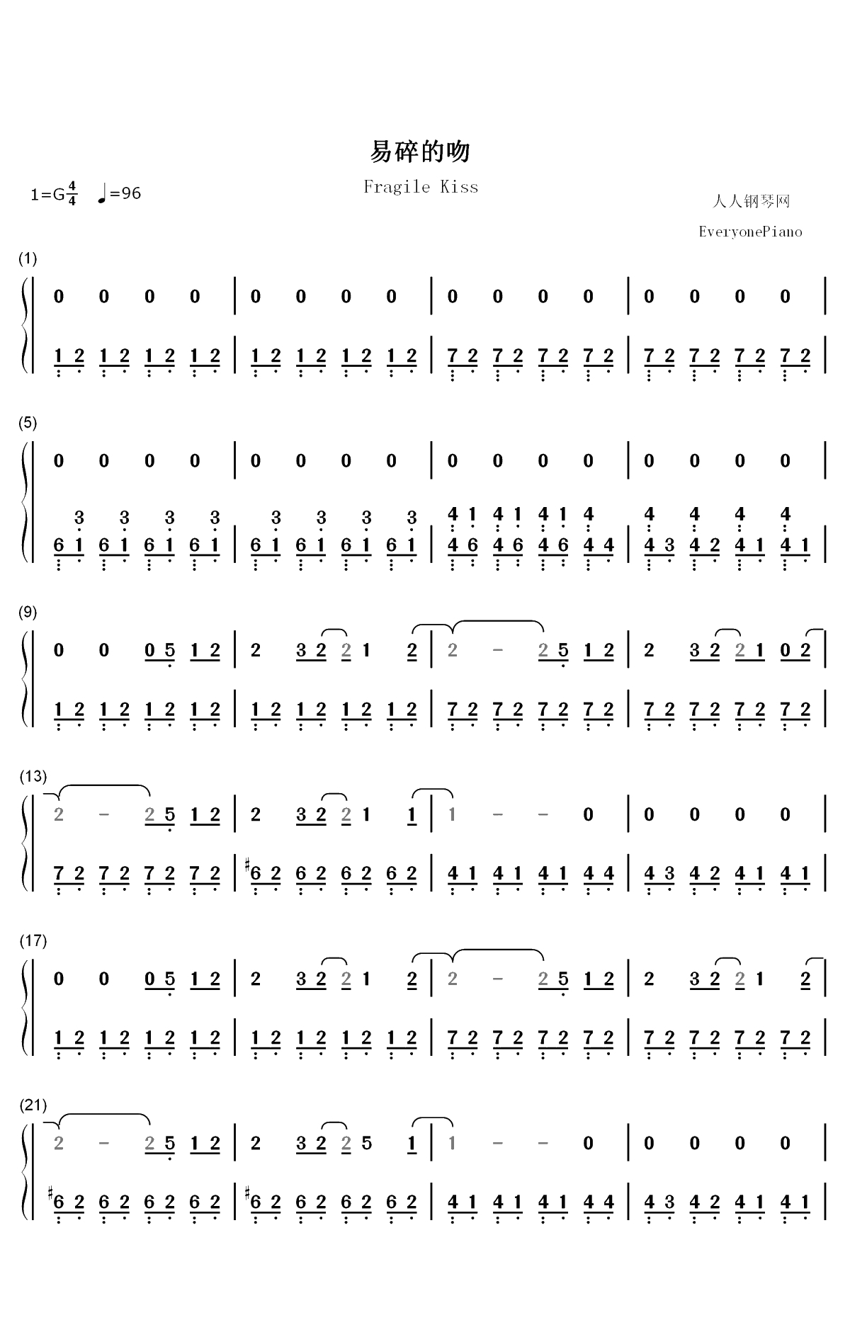 易碎的吻-王源双手简谱预览1