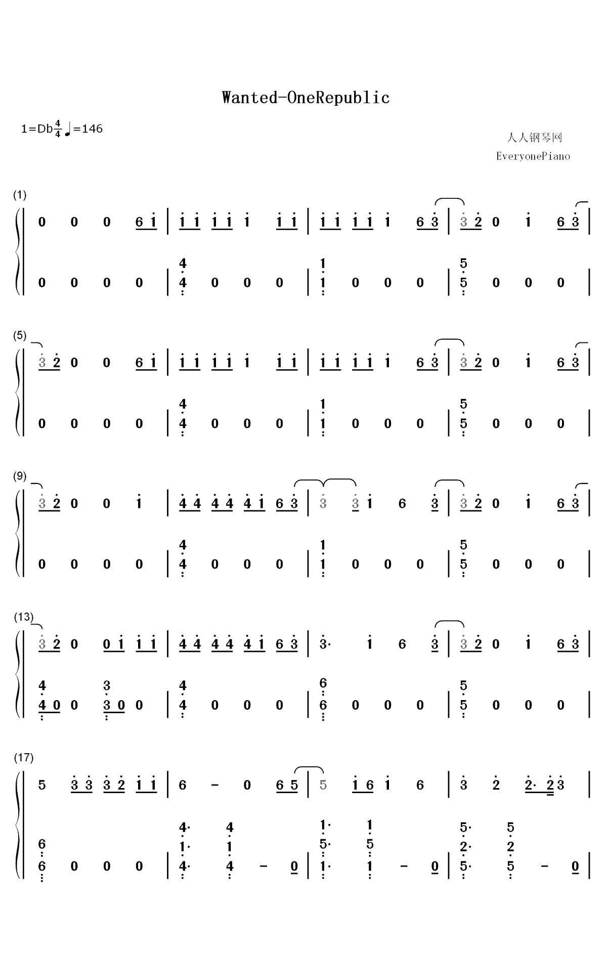 Wanted-OneRepublic双手简谱预览1
