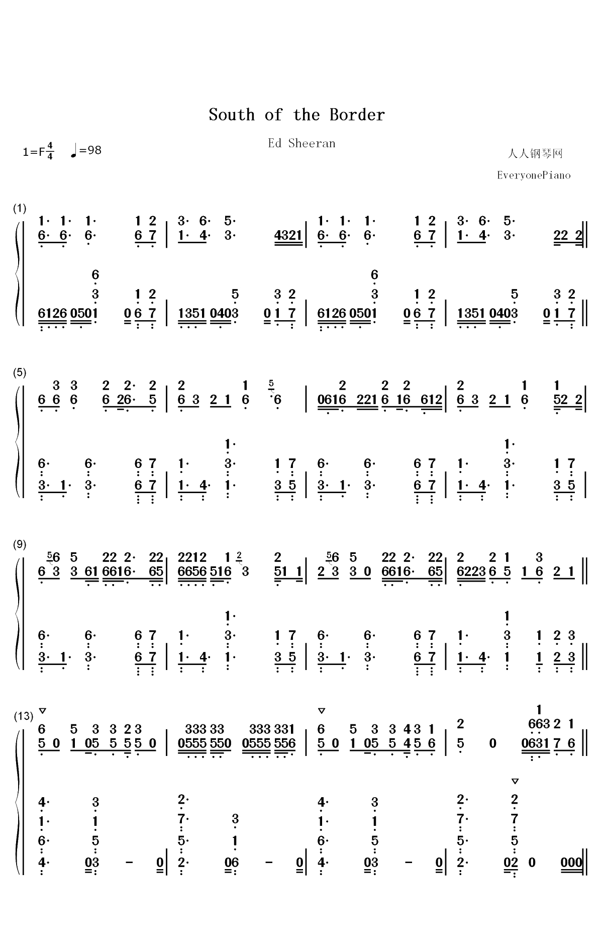 South of the Border-Ed Sheeran双手简谱预览1