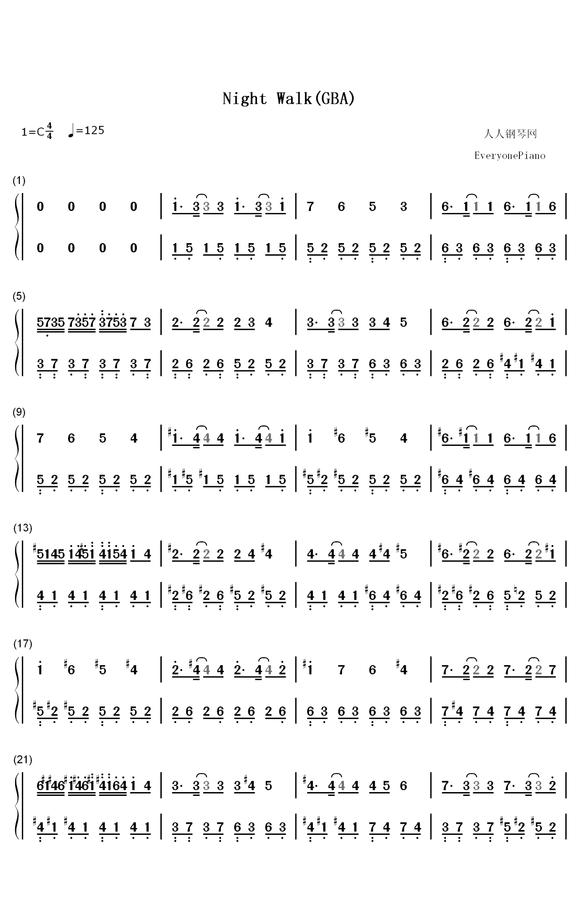 Night Walk-节奏天国BGM双手简谱预览1