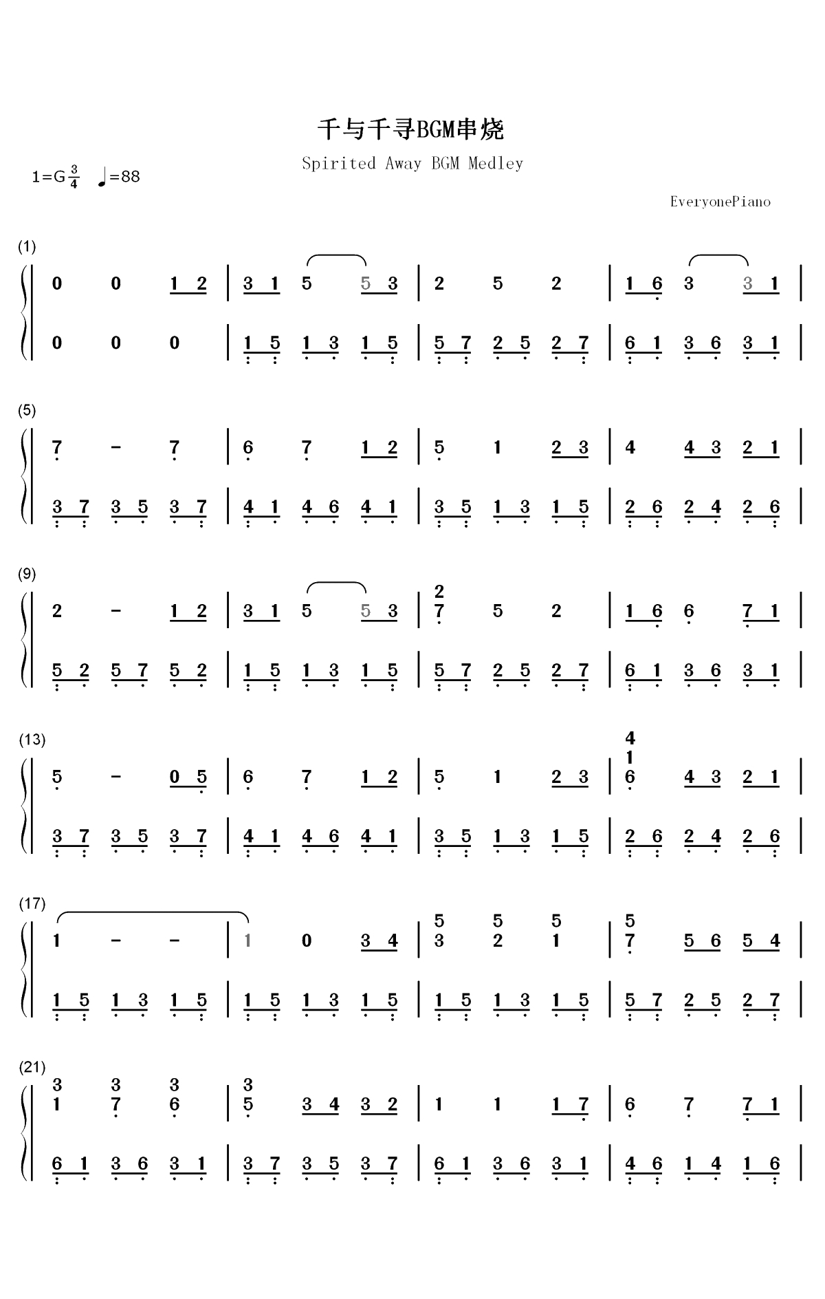 千与千寻BGM串烧双手简谱预览1