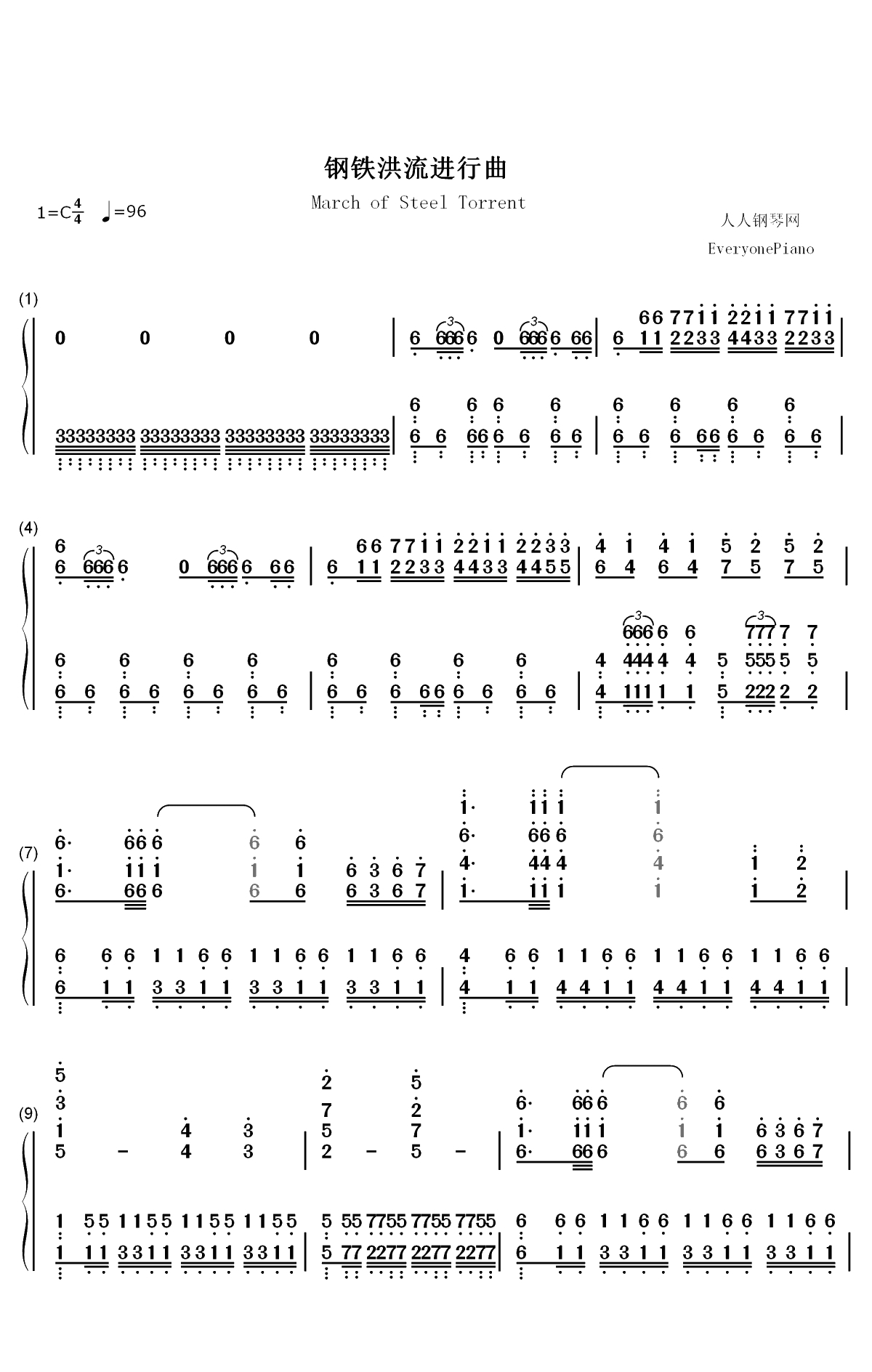 钢铁洪流进行曲-难度版双手简谱预览1