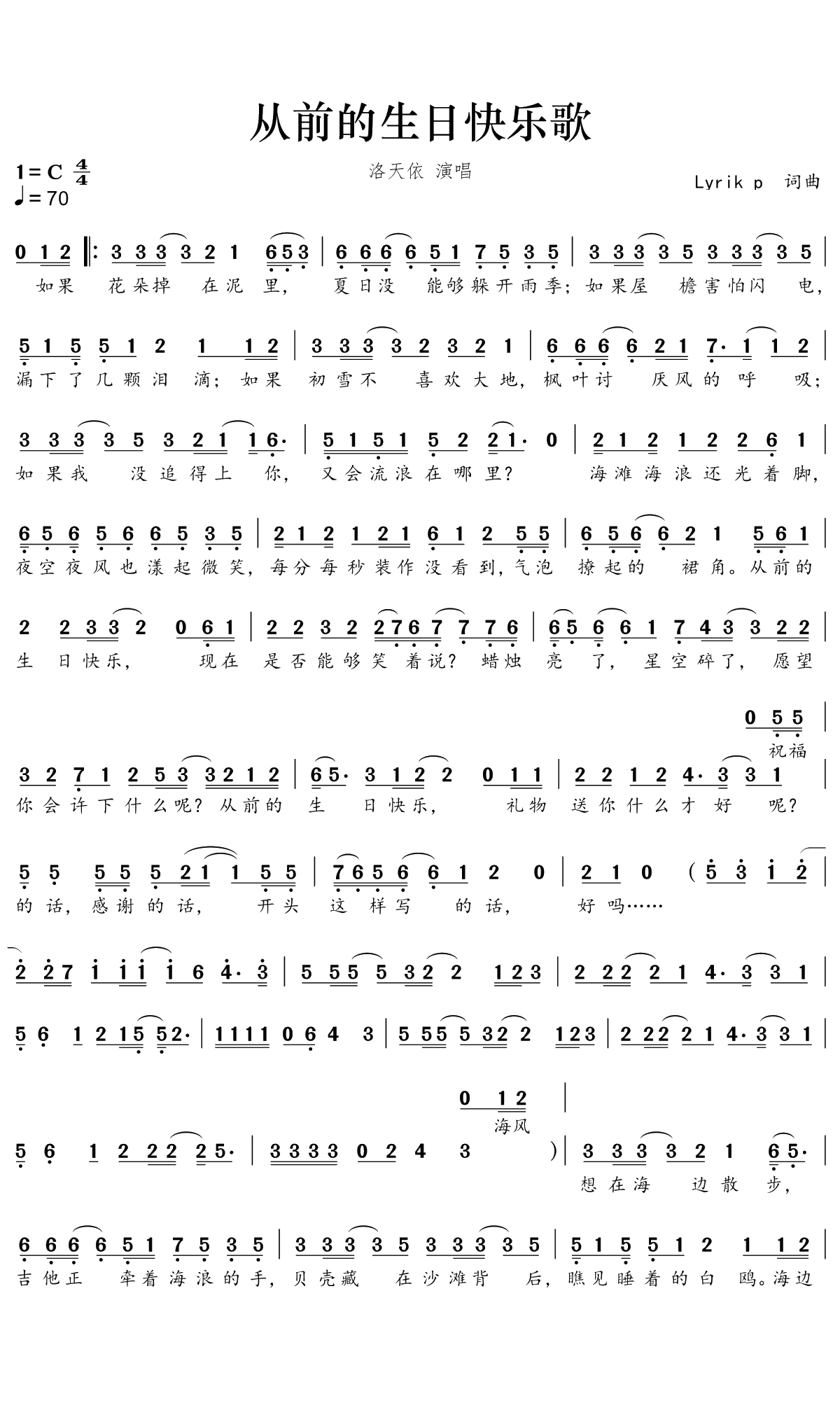 从前的生日快乐歌简谱-洛天依演唱-迪兰特曲谱1