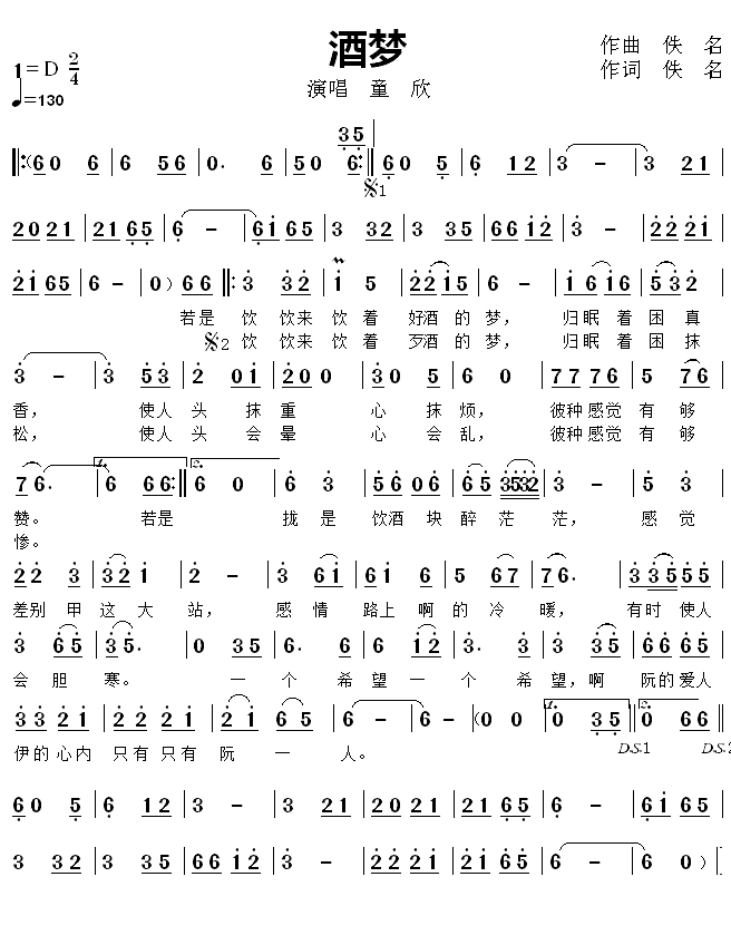 酒梦简谱(歌词)-童欣演唱-玩音乐的辉哥曲谱1