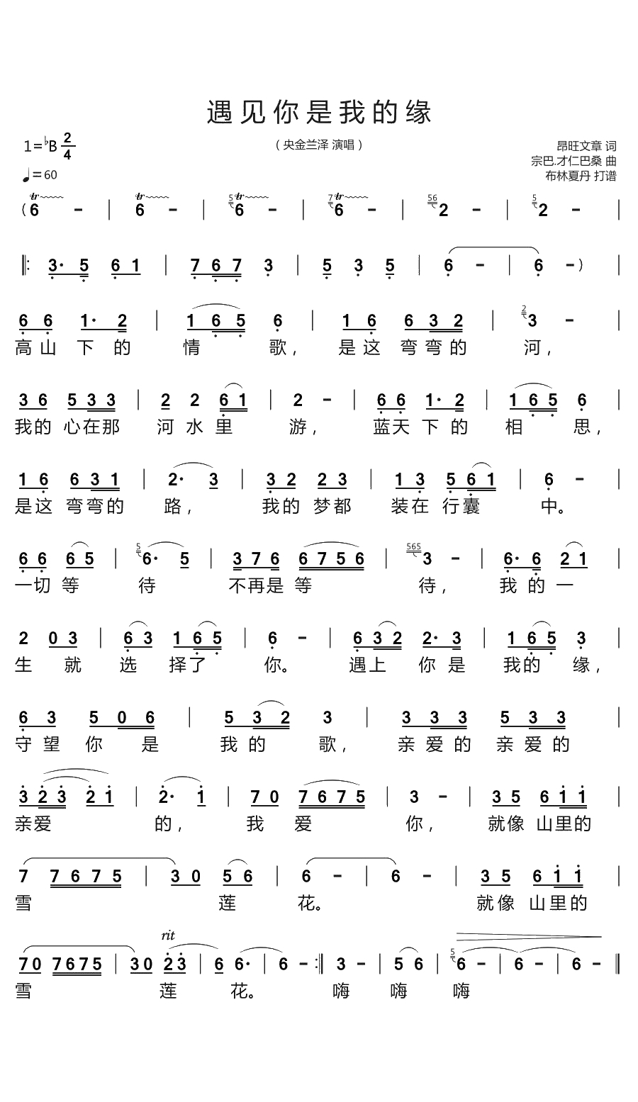 遇见你是我的缘简谱(歌词)-央金兰泽演唱-谱友布林夏丹上传1