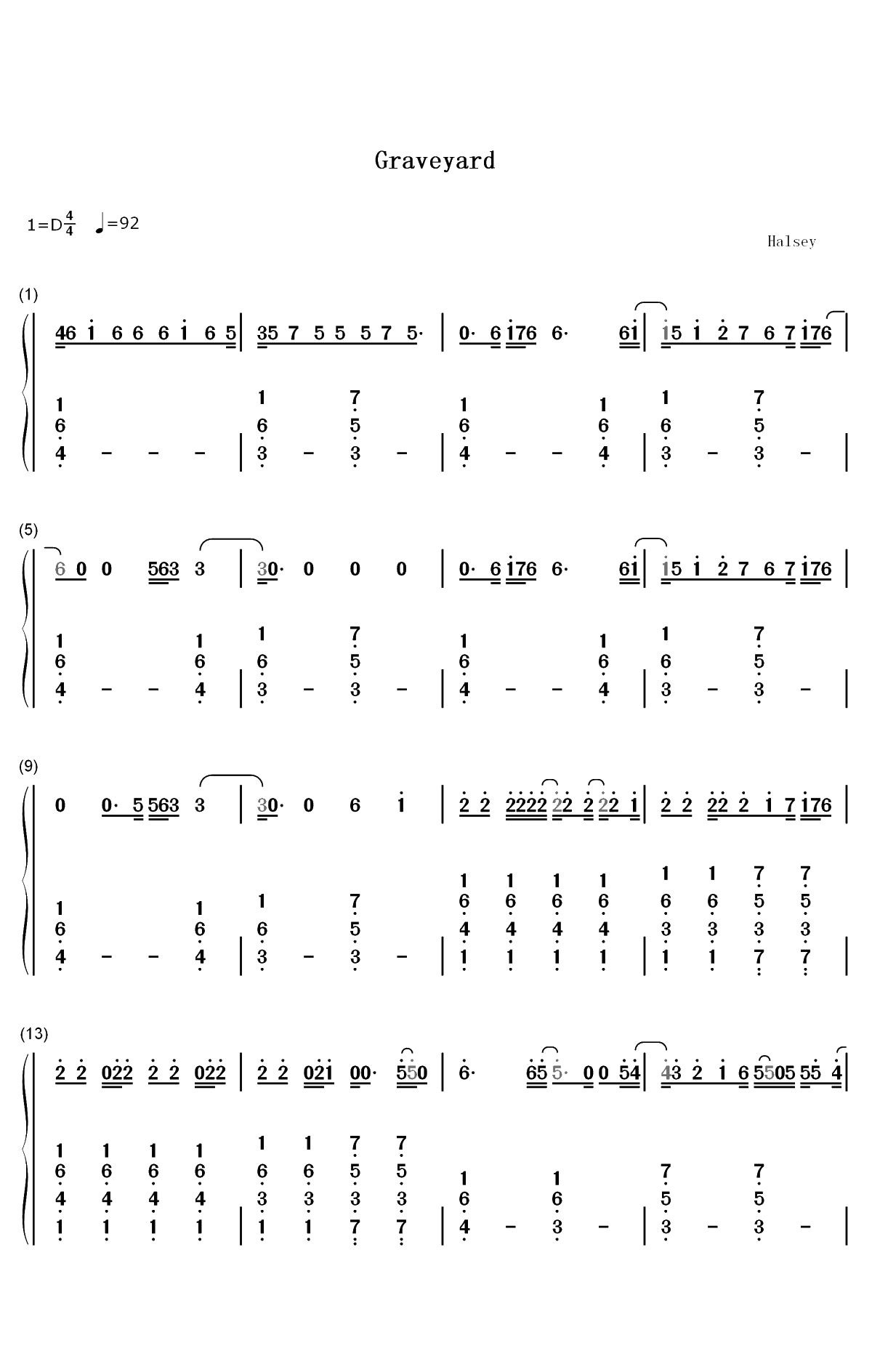 Graveyard-Halsey双手简谱预览1