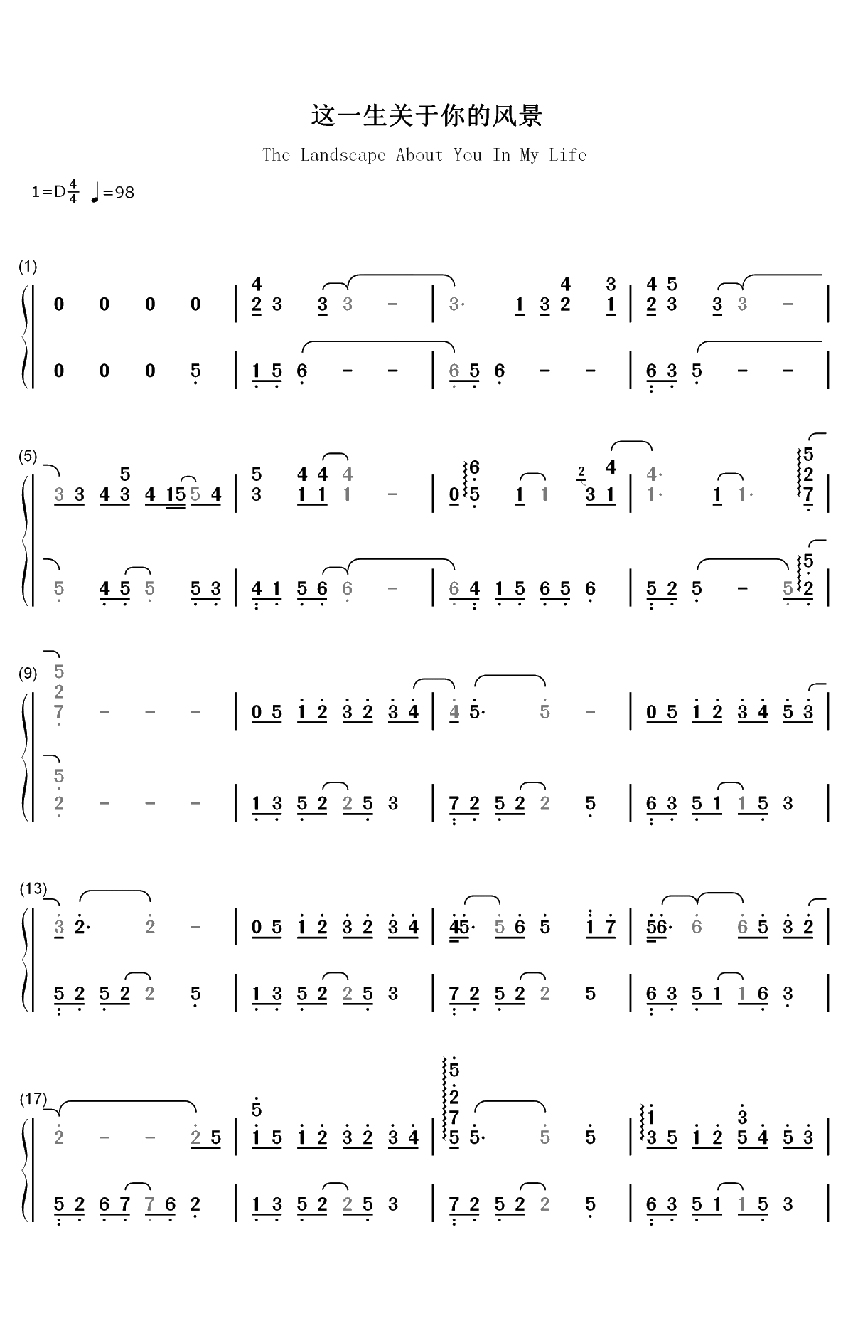 这一生关于你的风景-我多想能多陪你一场把前半生的风景对你讲-抖音热歌双手简谱预览1