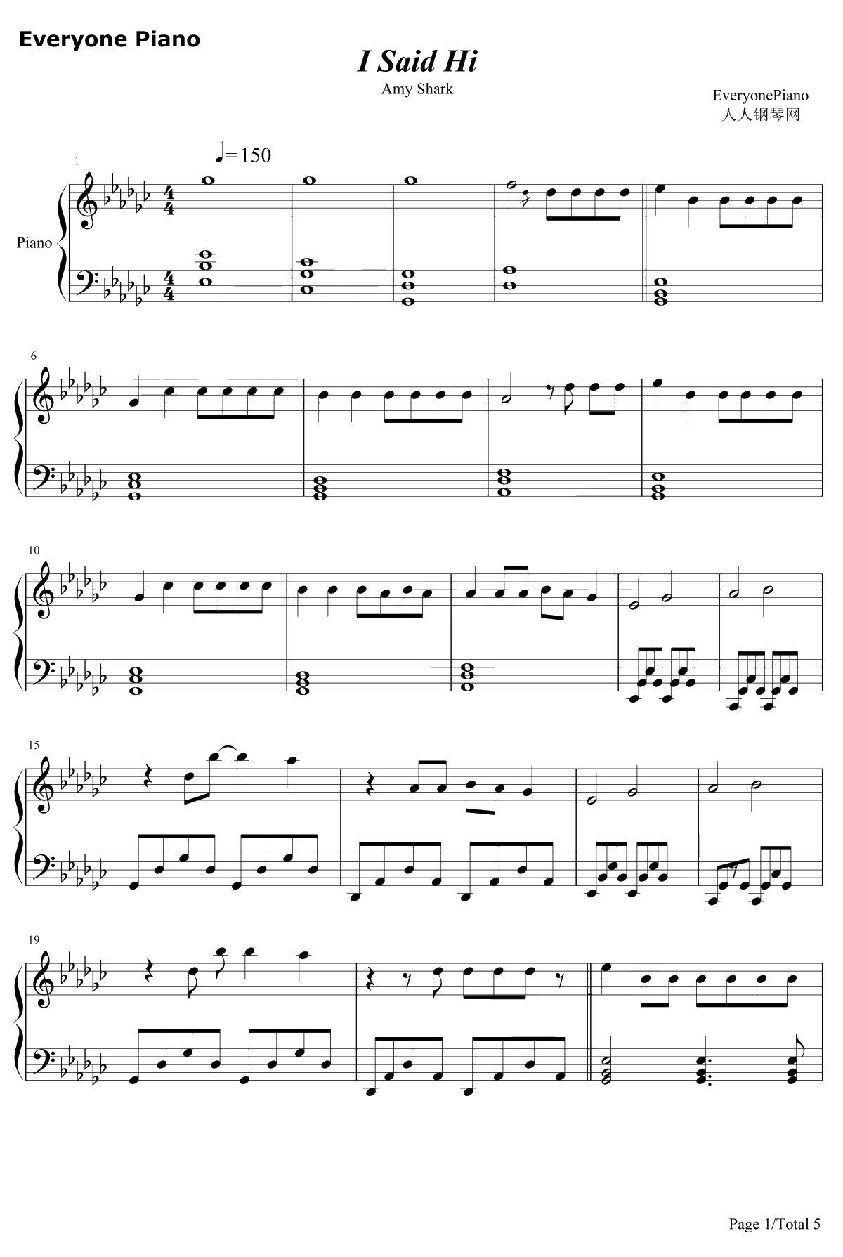 I Said Hi钢琴谱-Amy Shark1