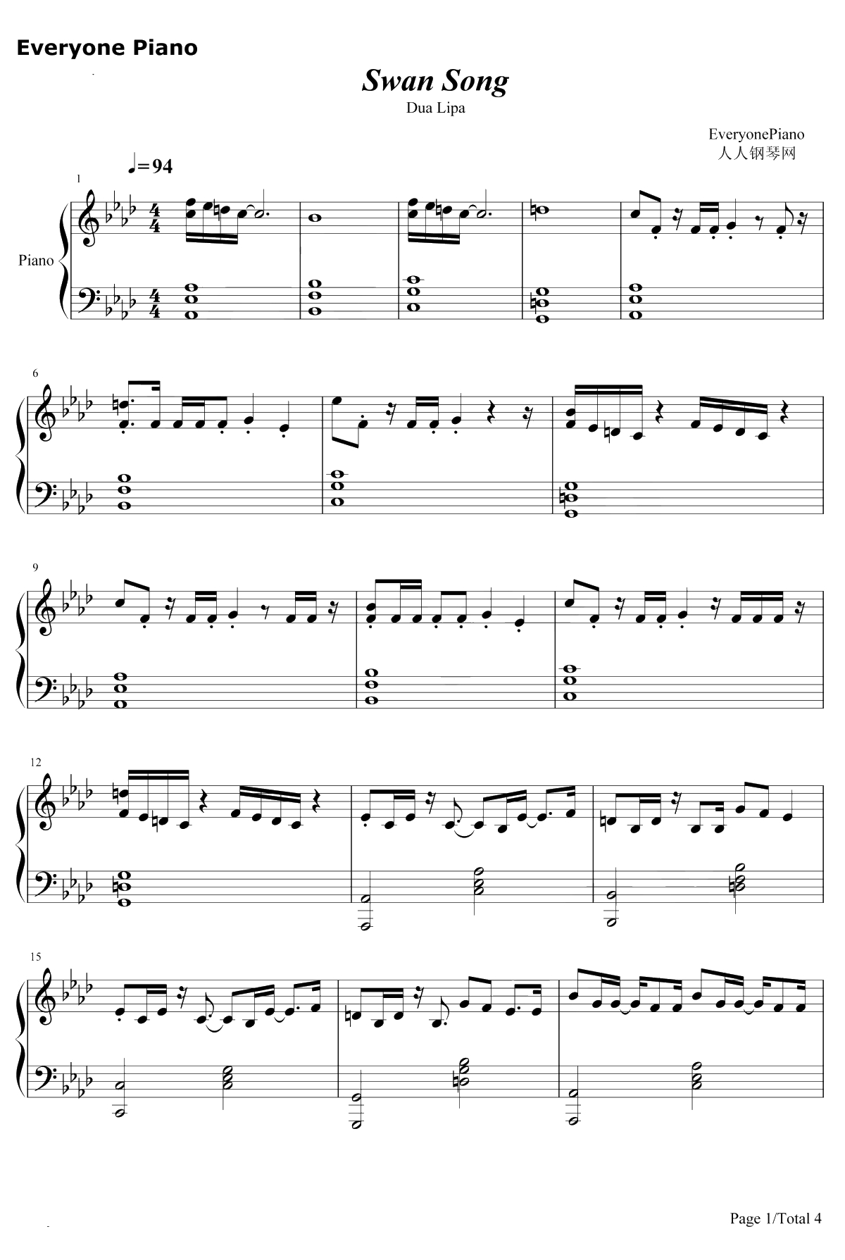 Swan Song钢琴谱-DuaLipa-阿丽塔战斗天使OST1
