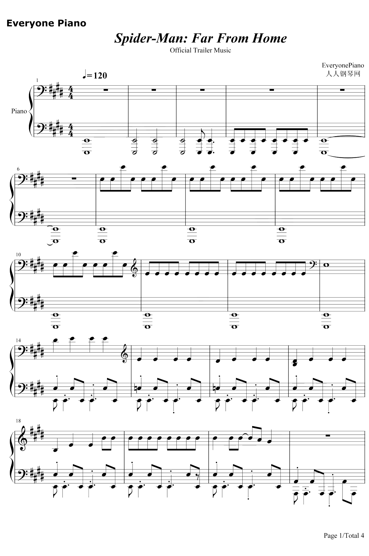 蜘蛛侠英雄远征官方预告片音乐钢琴谱-MichaelGiacchino1