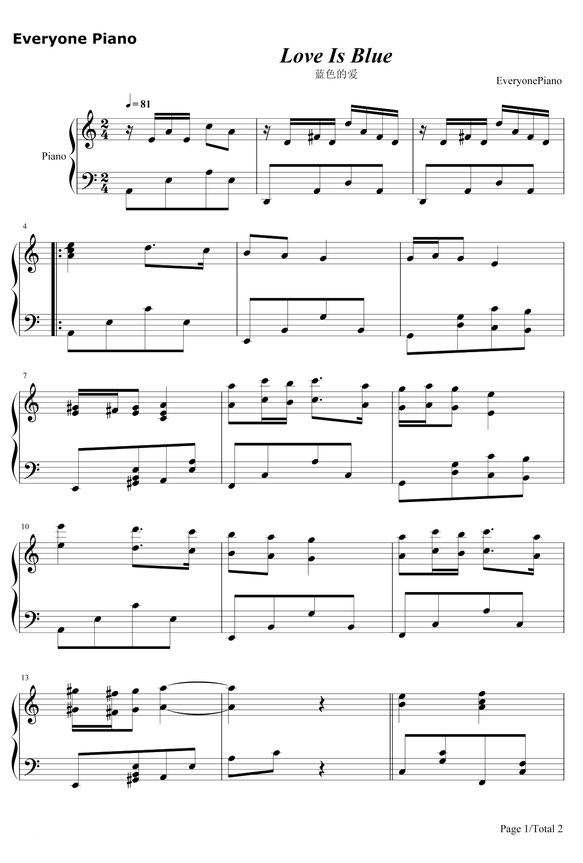蓝色的爱（LOVE IS BLUE）钢琴谱-理查德·克莱德曼1