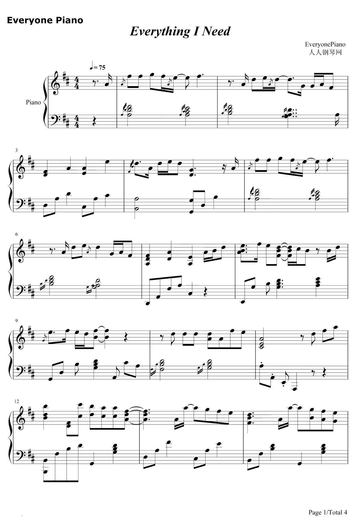 Everything I Need钢琴谱-SkylarGrey-海王片尾曲1