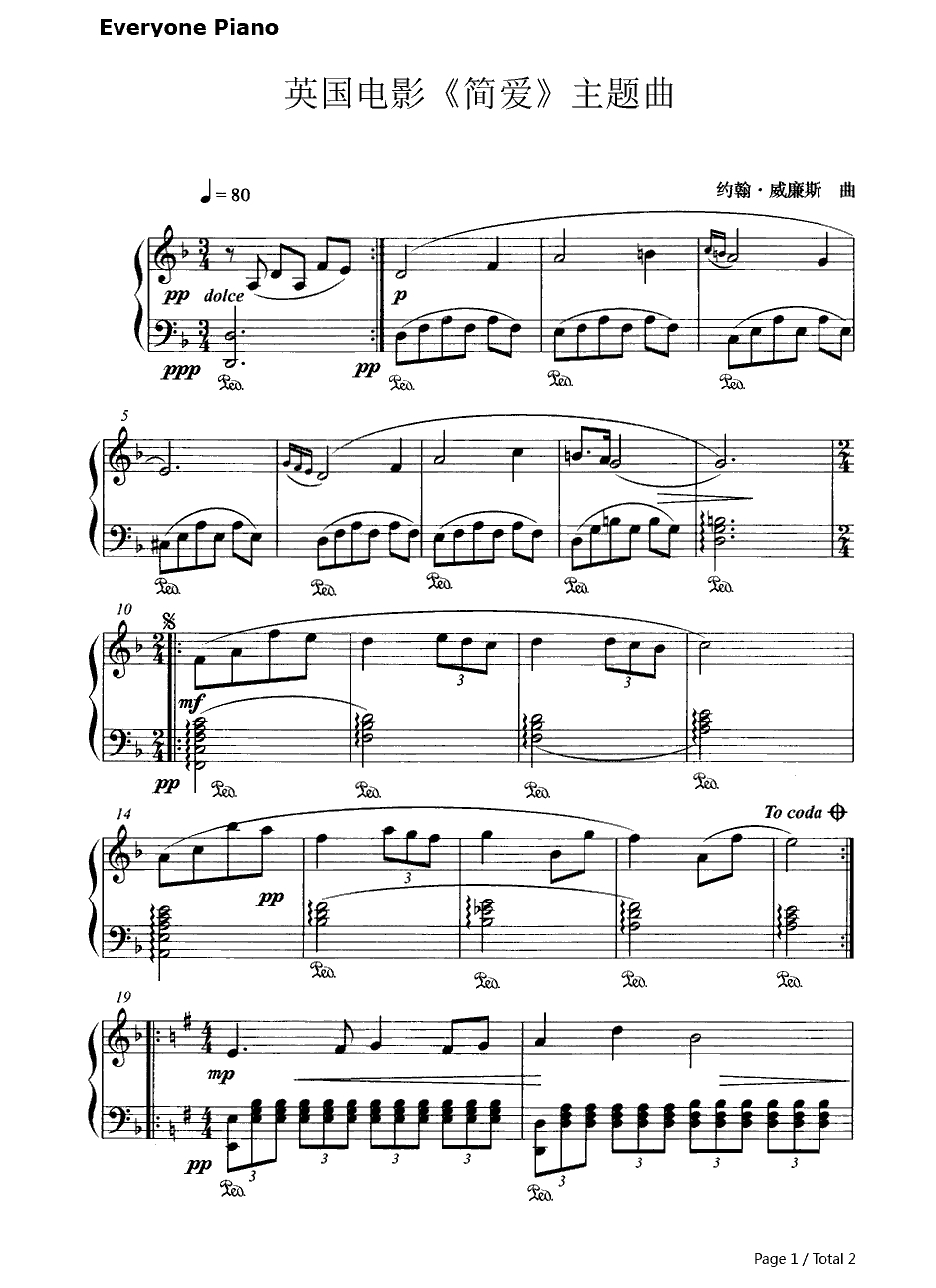 简爱主题曲钢琴谱-约翰·威廉姆斯(JohnWilliams)-1970版《简爱》主题曲(JaneEyre)1