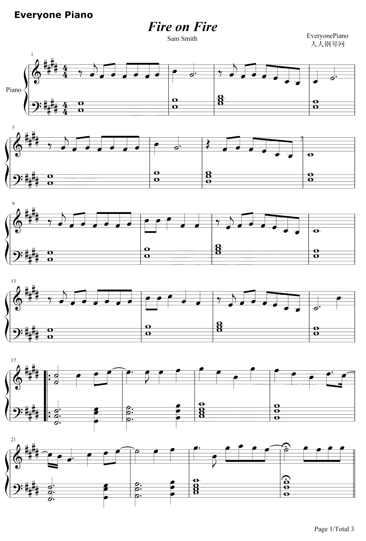 Fire on Fire钢琴谱-SamSmith-兔子共和国主题曲1