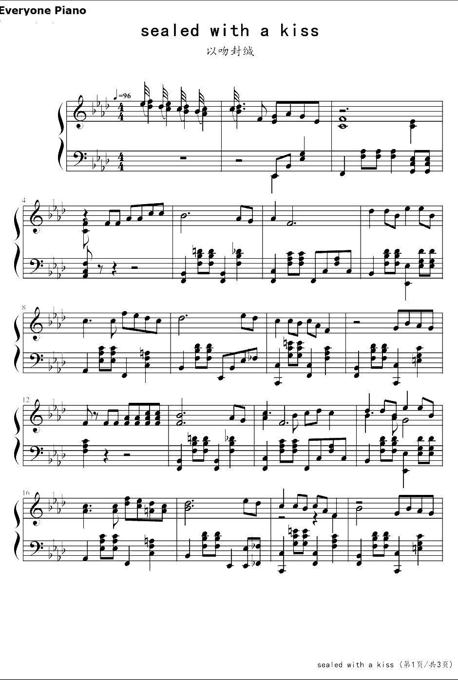 Sealed with a kiss（以吻封缄）钢琴谱-Brian Hyland布赖恩·海兰-欧美经典老情歌1