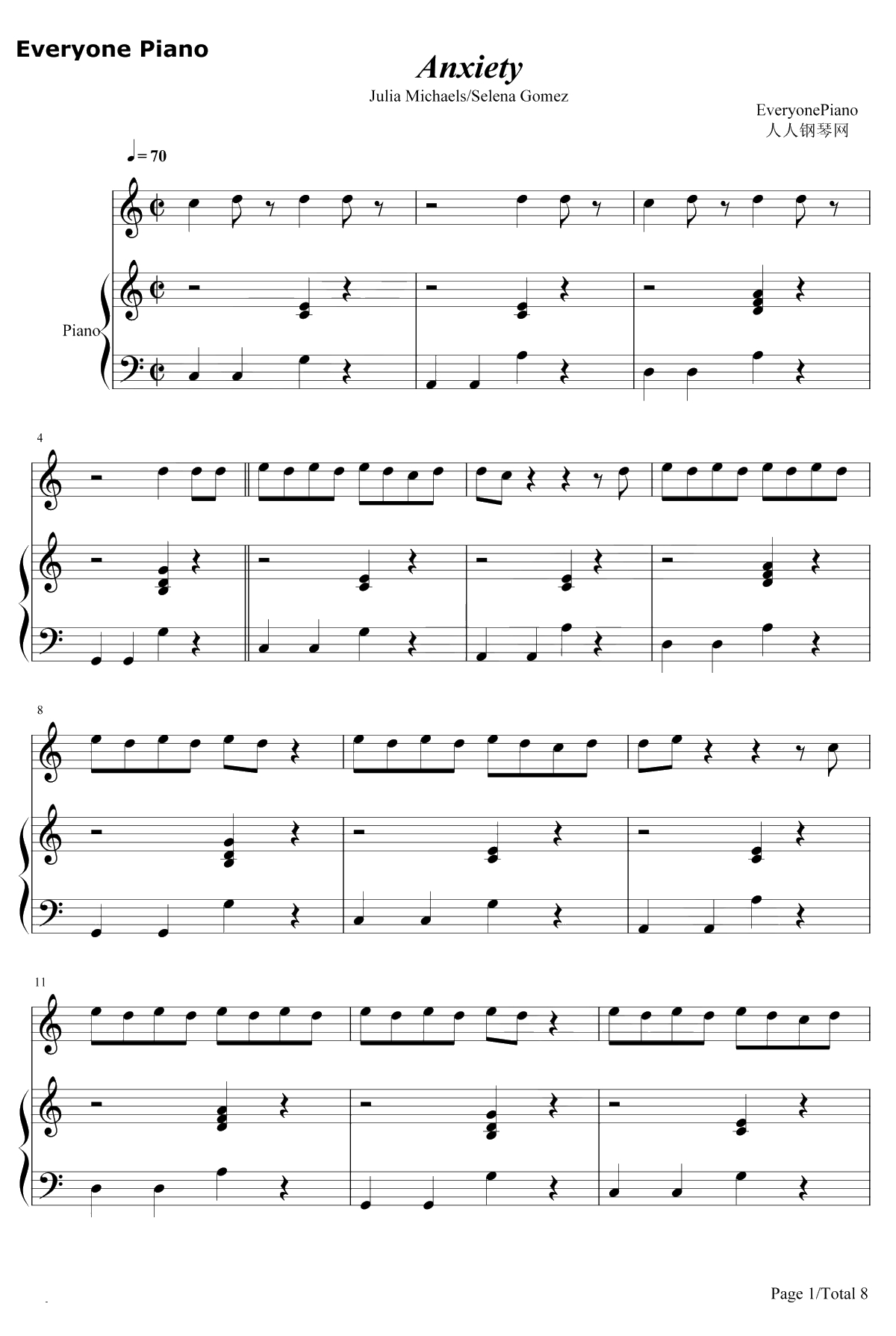 Anxiety钢琴谱-Julia Michaels/Selena Gomez1