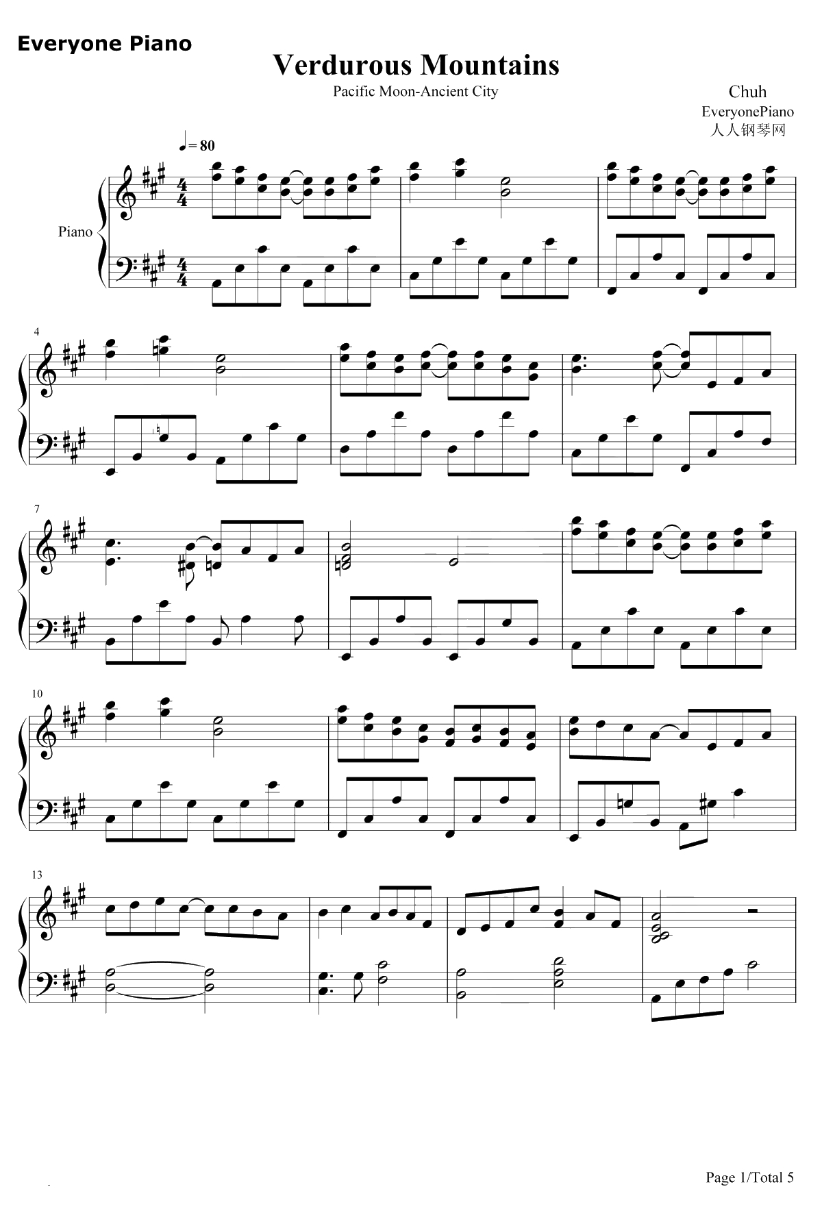 Verdurous Mountains钢琴谱-渡边雅二-青山绿野1
