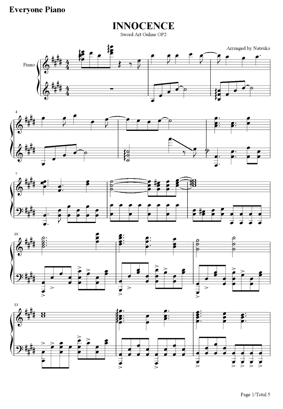 INNOCENCE钢琴谱-蓝井艾露-刀剑神域OP21