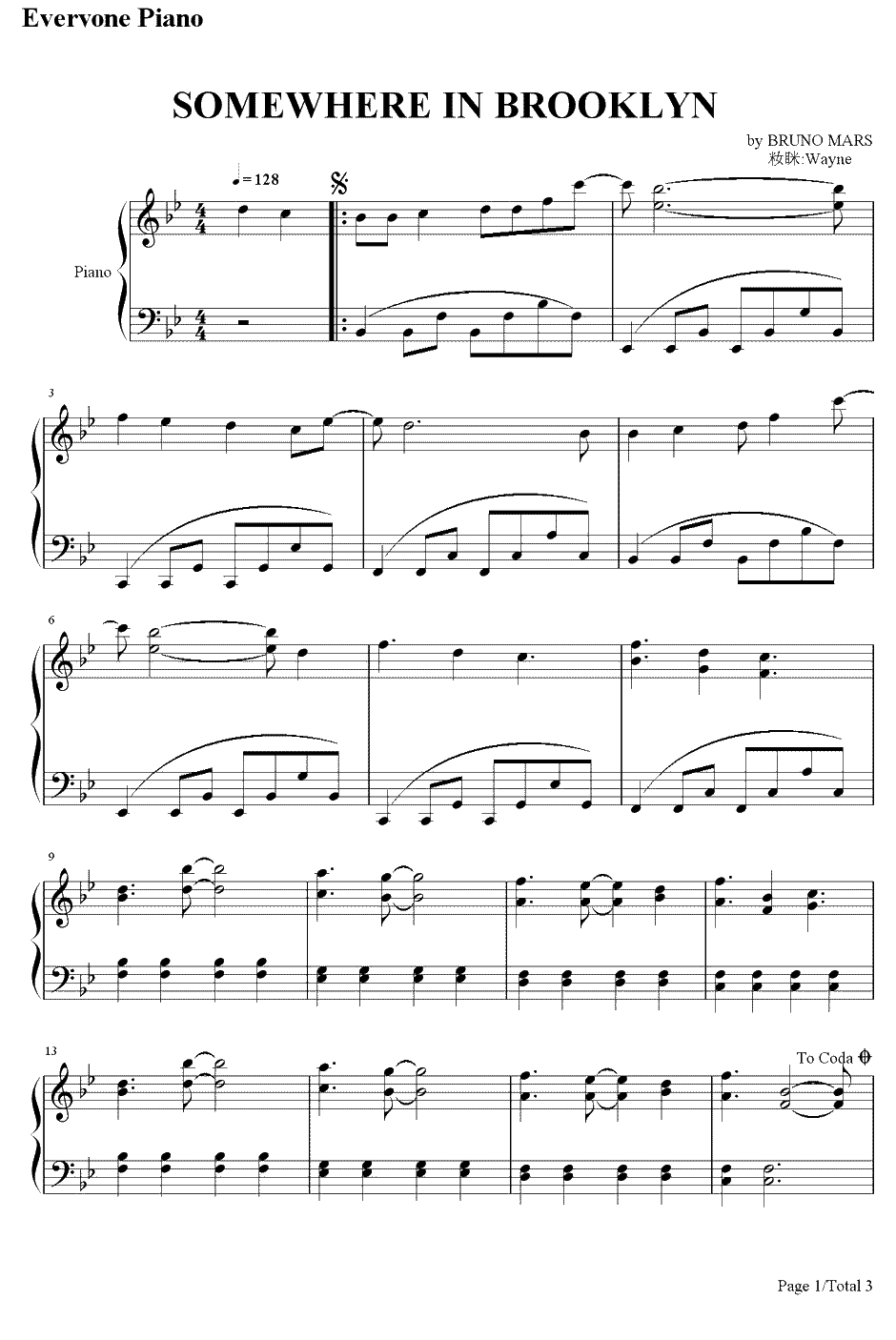 Somewhere In Brooklyn钢琴谱-Bruno Mars1