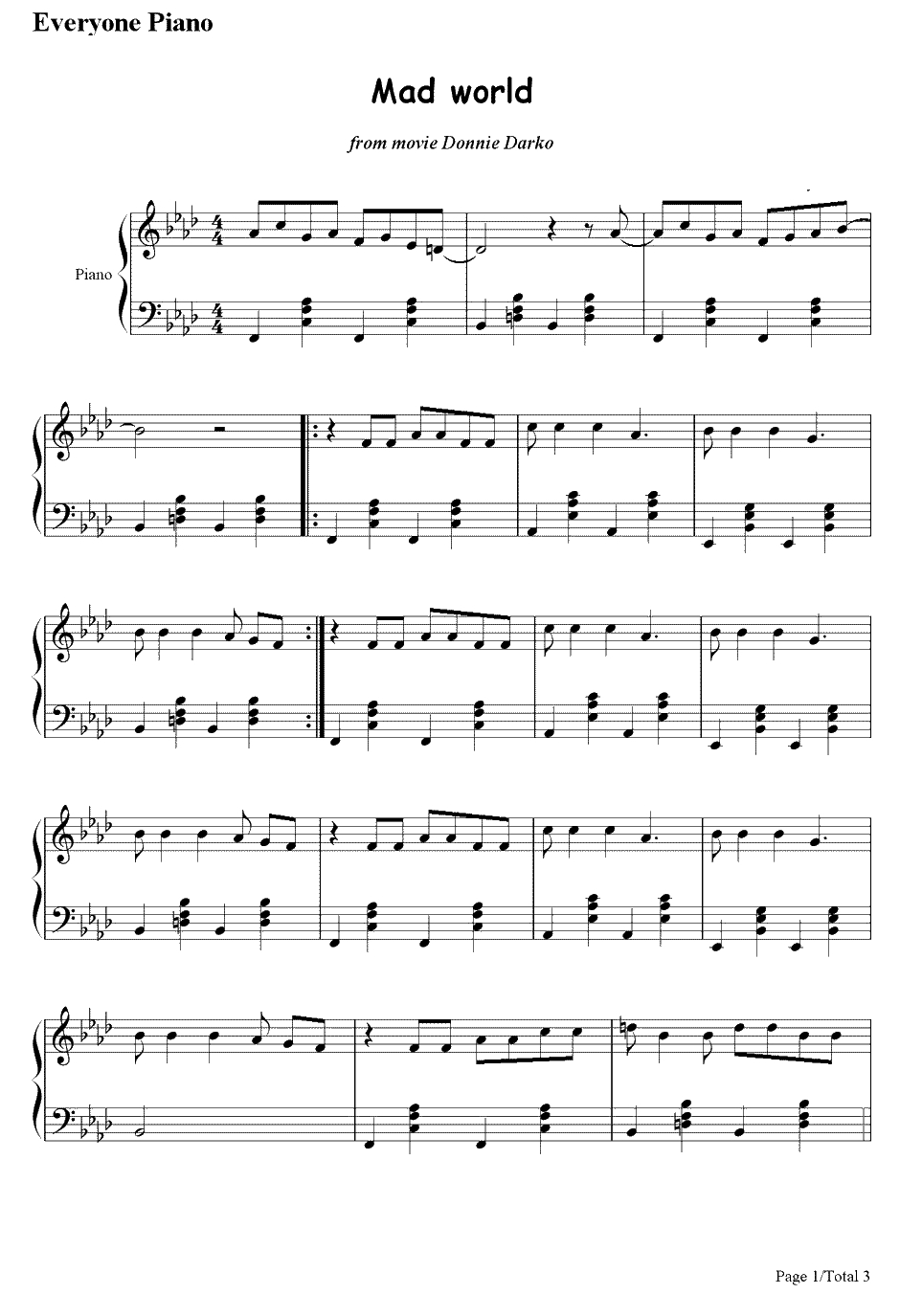 Mad World－电影《死亡幻觉》主题曲钢琴谱-Tears For Fears1