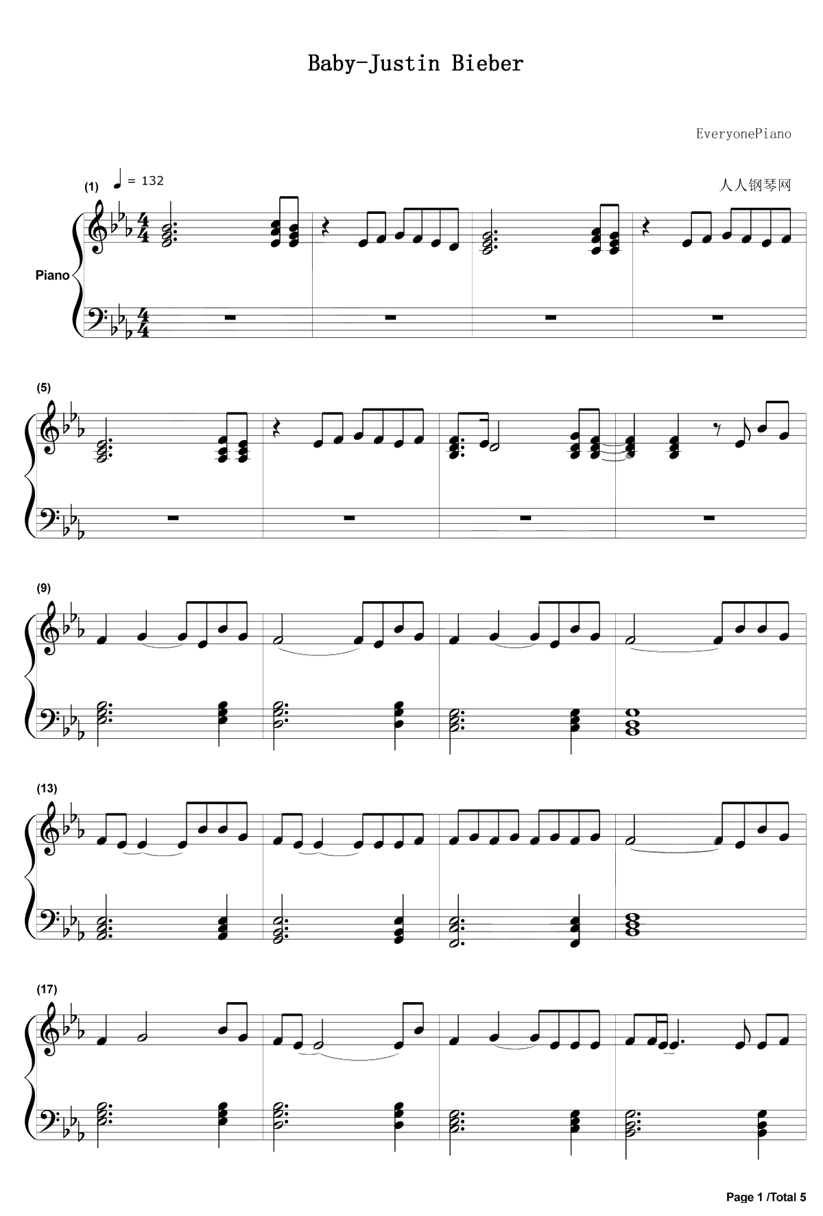 Baby（贾斯汀·比伯）钢琴谱-Justin Bieber贾斯汀·比伯1